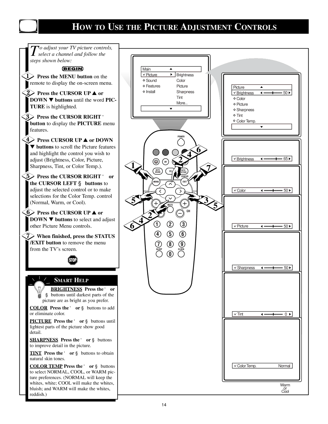 Philips 13PR12W99 manual HOW to USE the Picture Adjustment Controls, Press the Menu button on, Press Cursor UP or Down 