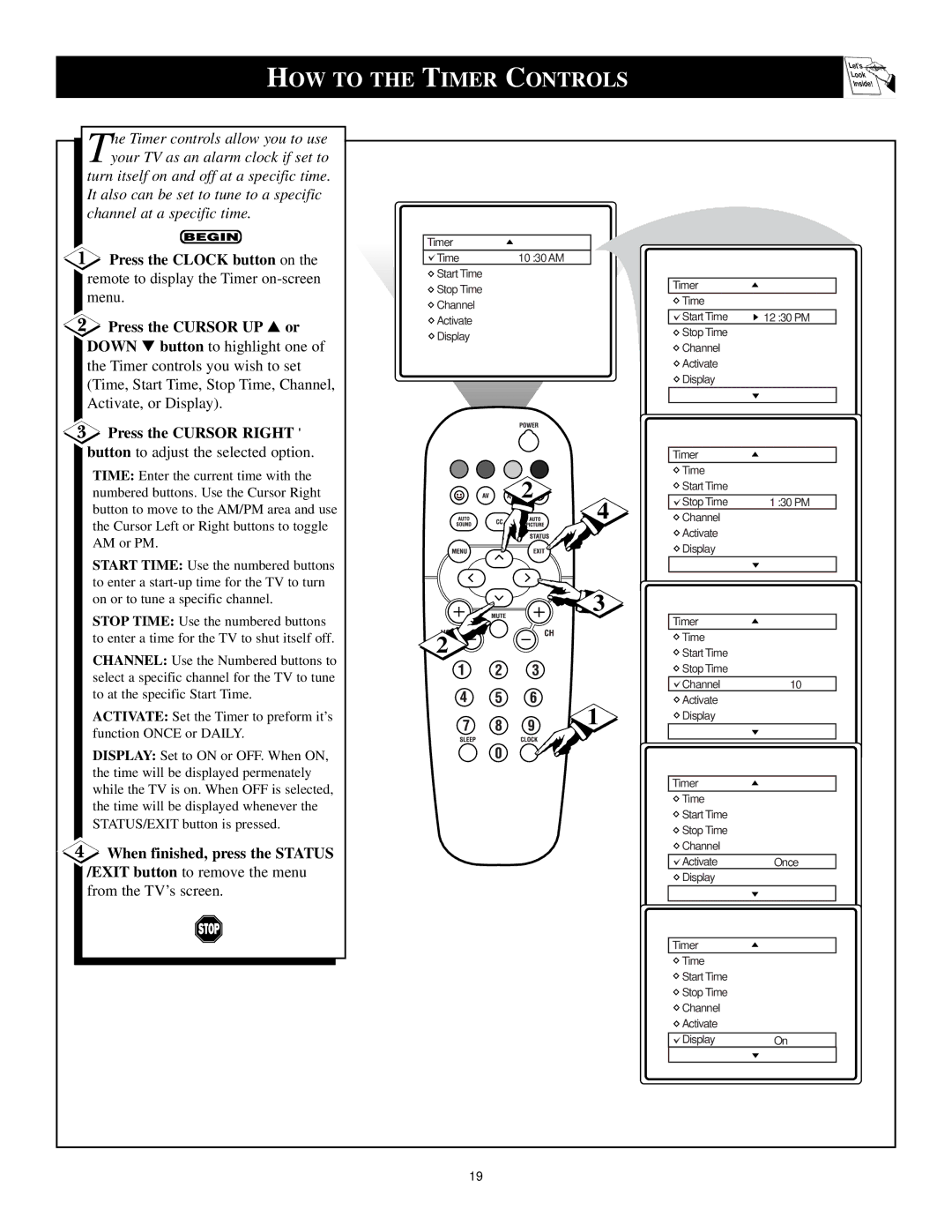 Philips 13PR12W99 manual HOW to the Timer Controls, Press the Clock button on 