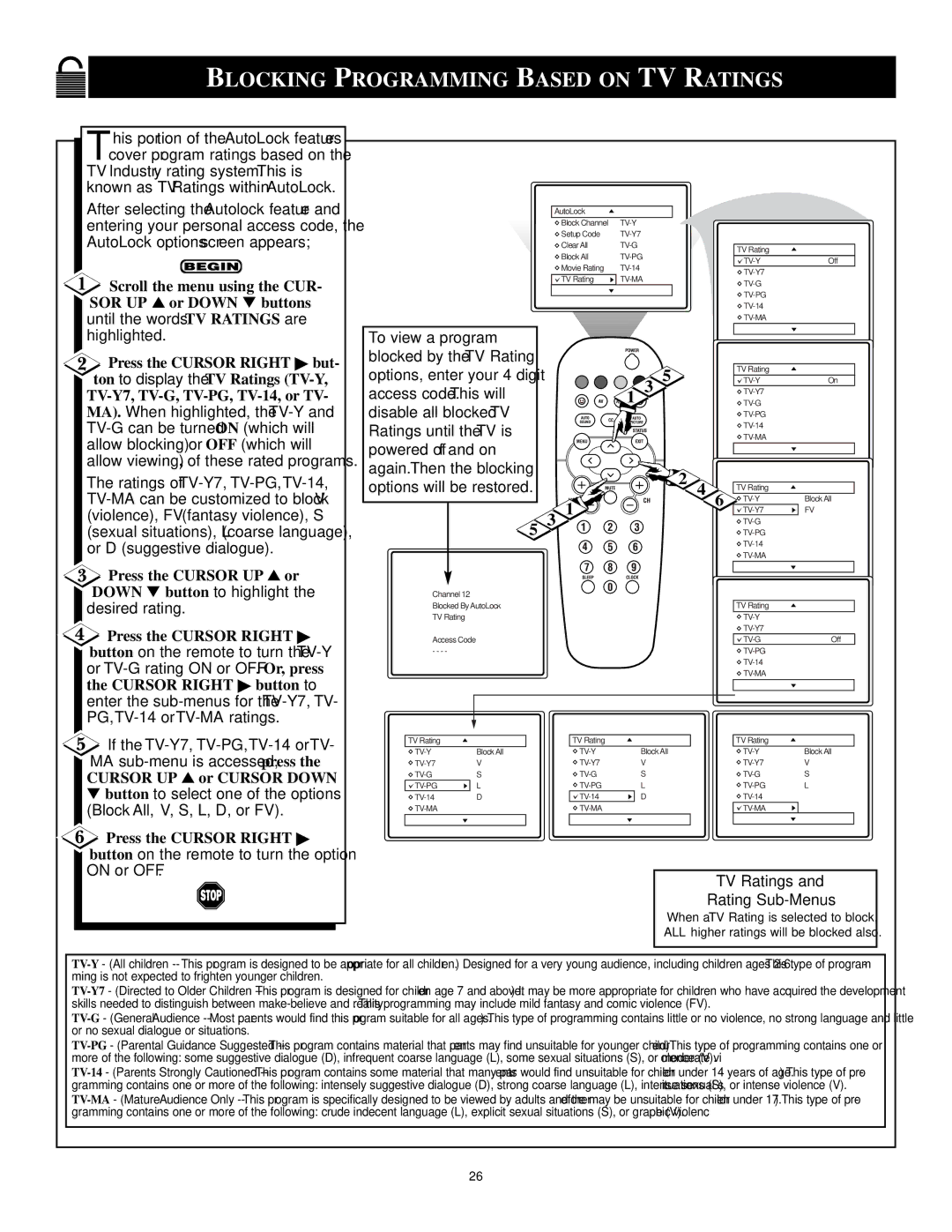 Philips 13PR12W99 manual Blocking Programming Based on TV Ratings, Down button to highlight the desired rating 