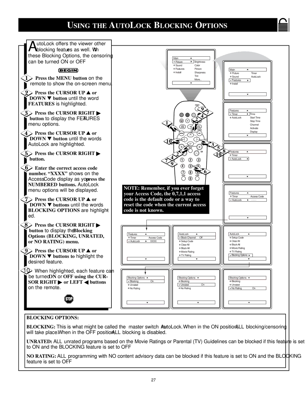 Philips 13PR12W99 manual Using the Autolock Blocking Options 