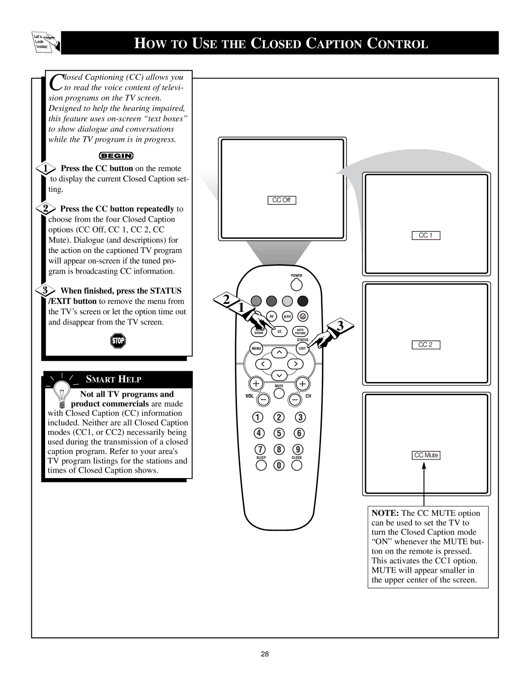 Philips 13PR12W99 manual HOW to USE the Closed Caption Control, When finished, press the Status 