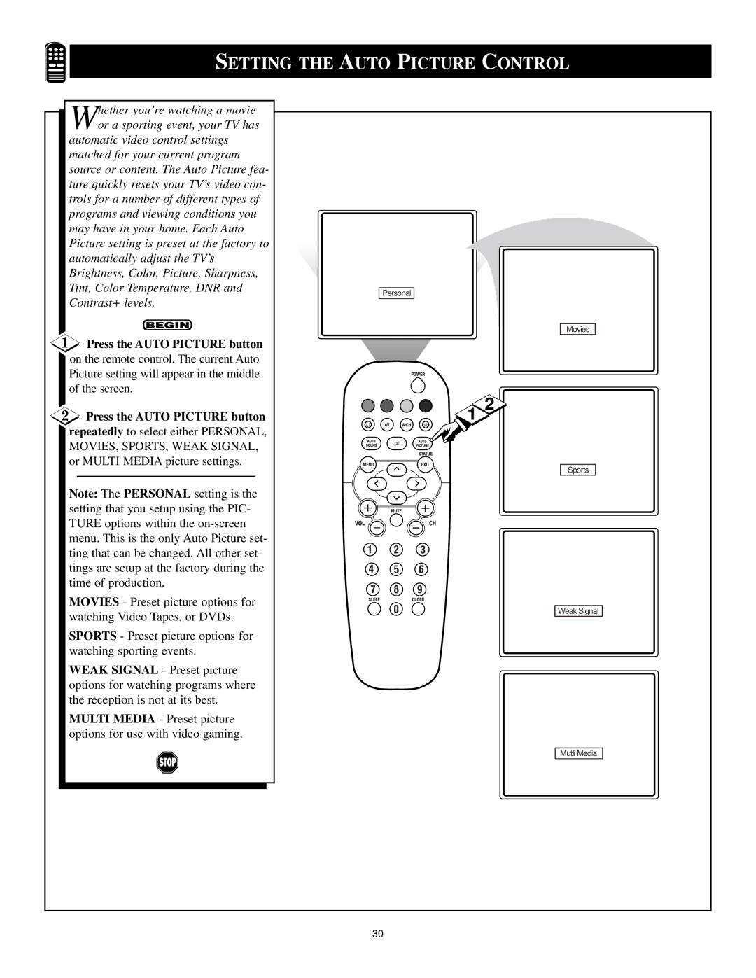 Philips 13PR12W99 manual Setting the Auto Picture Control, Press the Auto Picture button 