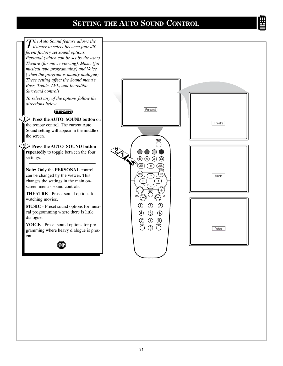 Philips 13PR12W99 manual Setting the Auto Sound Control, Press the Auto Sound button on 