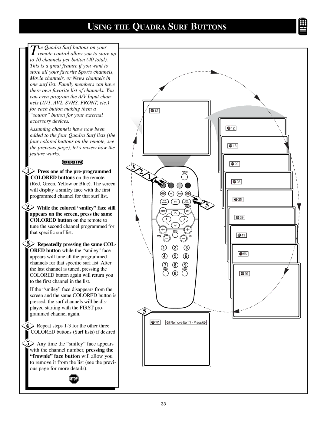 Philips 13PR12W99 Using the Quadra Surf Buttons, Repeatedly pressing the same COL, Frownie face button will allow you 