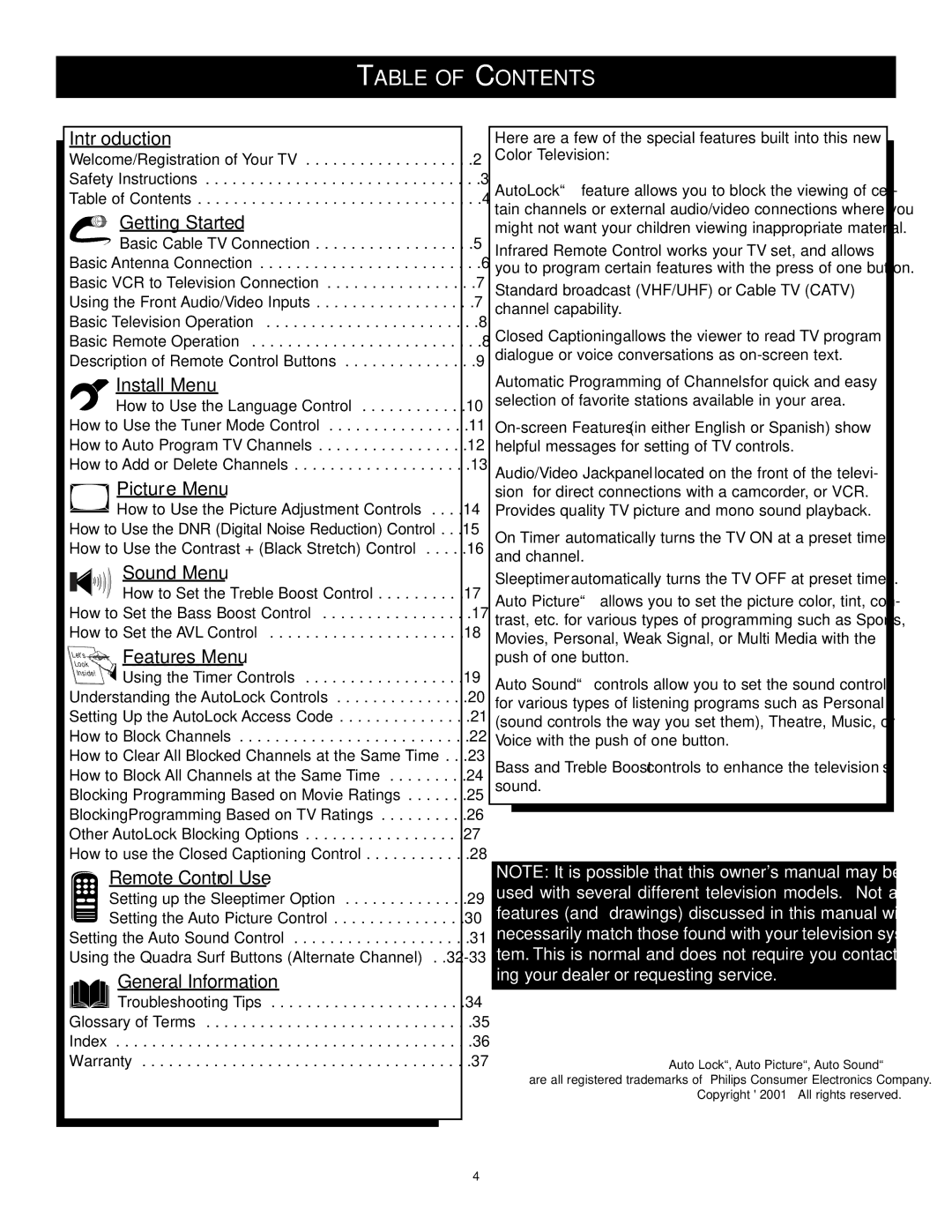 Philips 13PR12W99 manual Table of Contents 