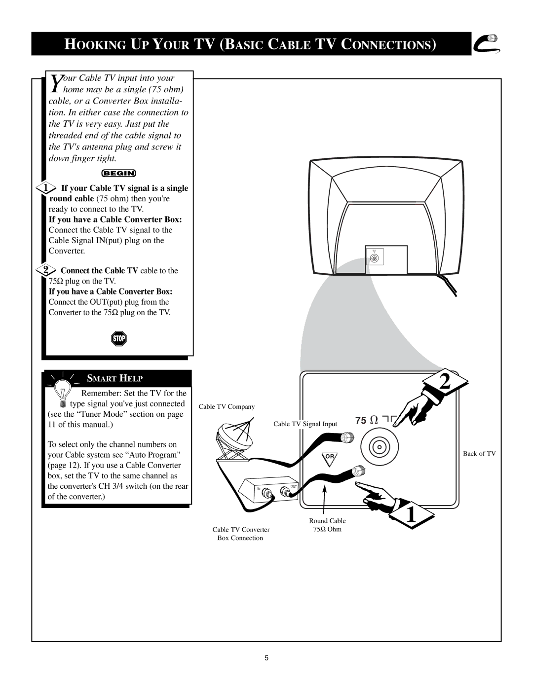 Philips 13PR12W99 manual Hooking UP Your TV Basic Cable TV Connections, If your Cable TV signal is a single 