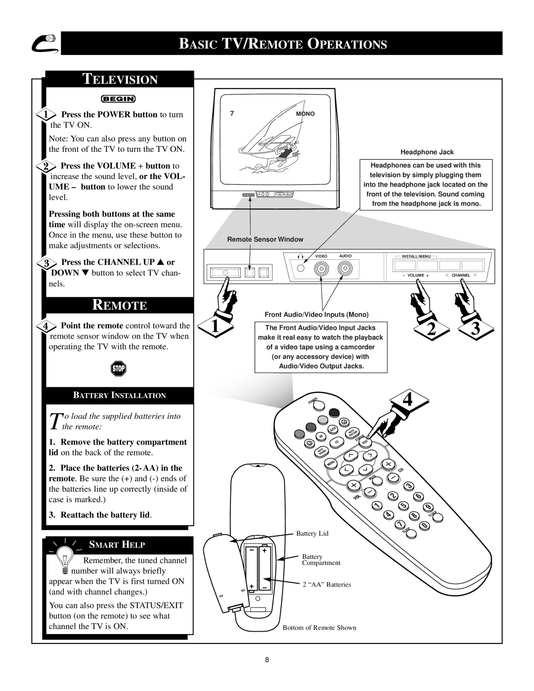 Philips 13PR12W99 manual Basic TV/REMOTE Operations Television, Remote 