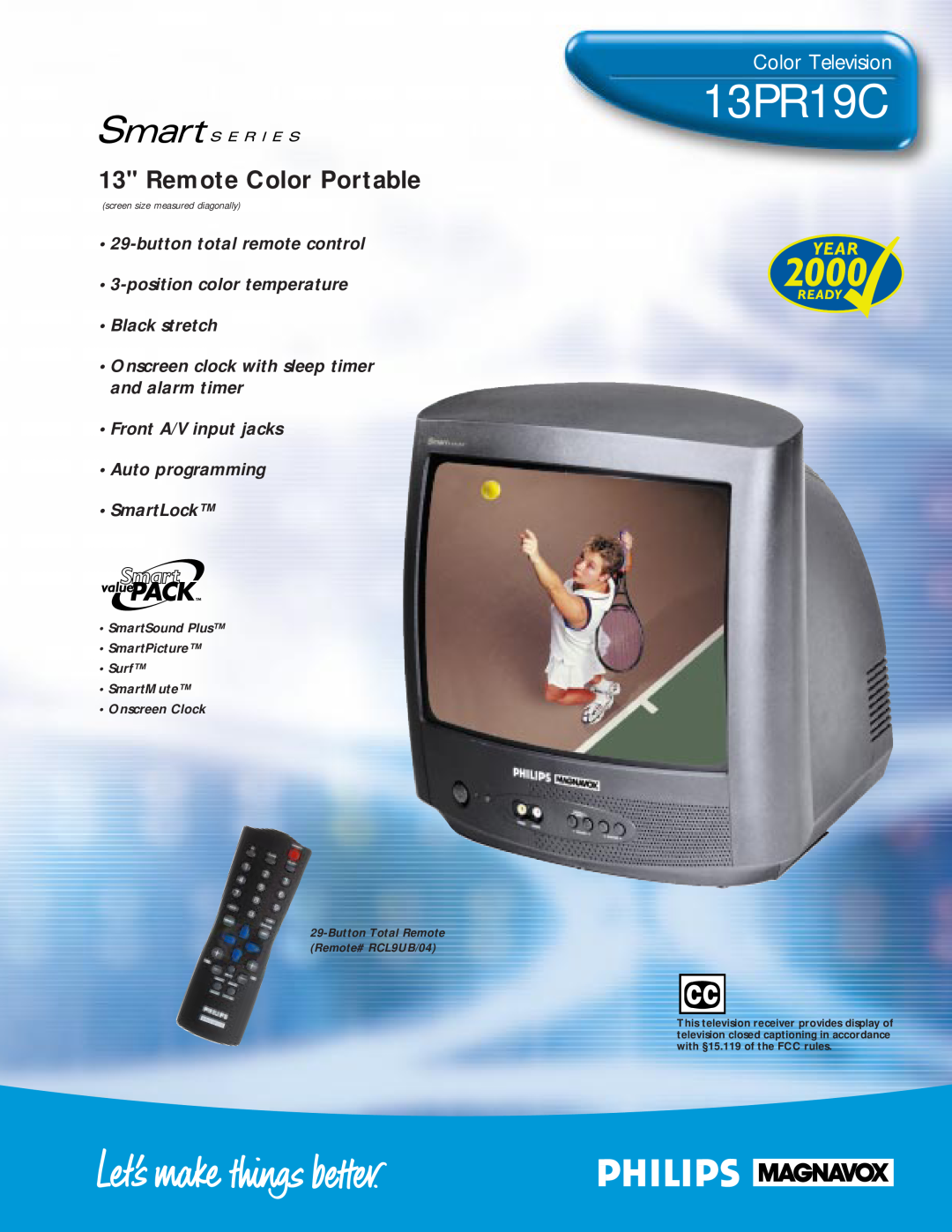 Philips 13PR19C manual Color Television, Remote Color Portable, button total remote control 3-position color temperature 