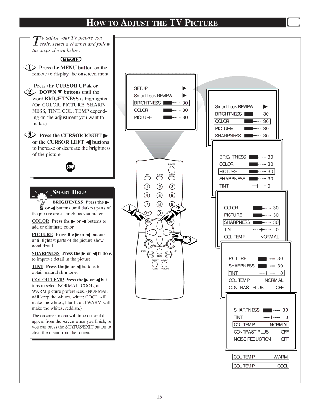 Philips 13PR19C1 manual HOW to Adjust the TV Picture, Press the Menu button on, Down buttons until, Press the Cursor Right 