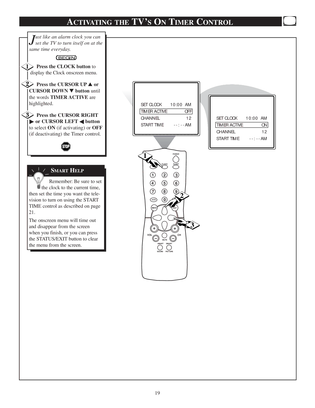 Philips 13PR19C1 manual Activating the TV’S on Timer Control 