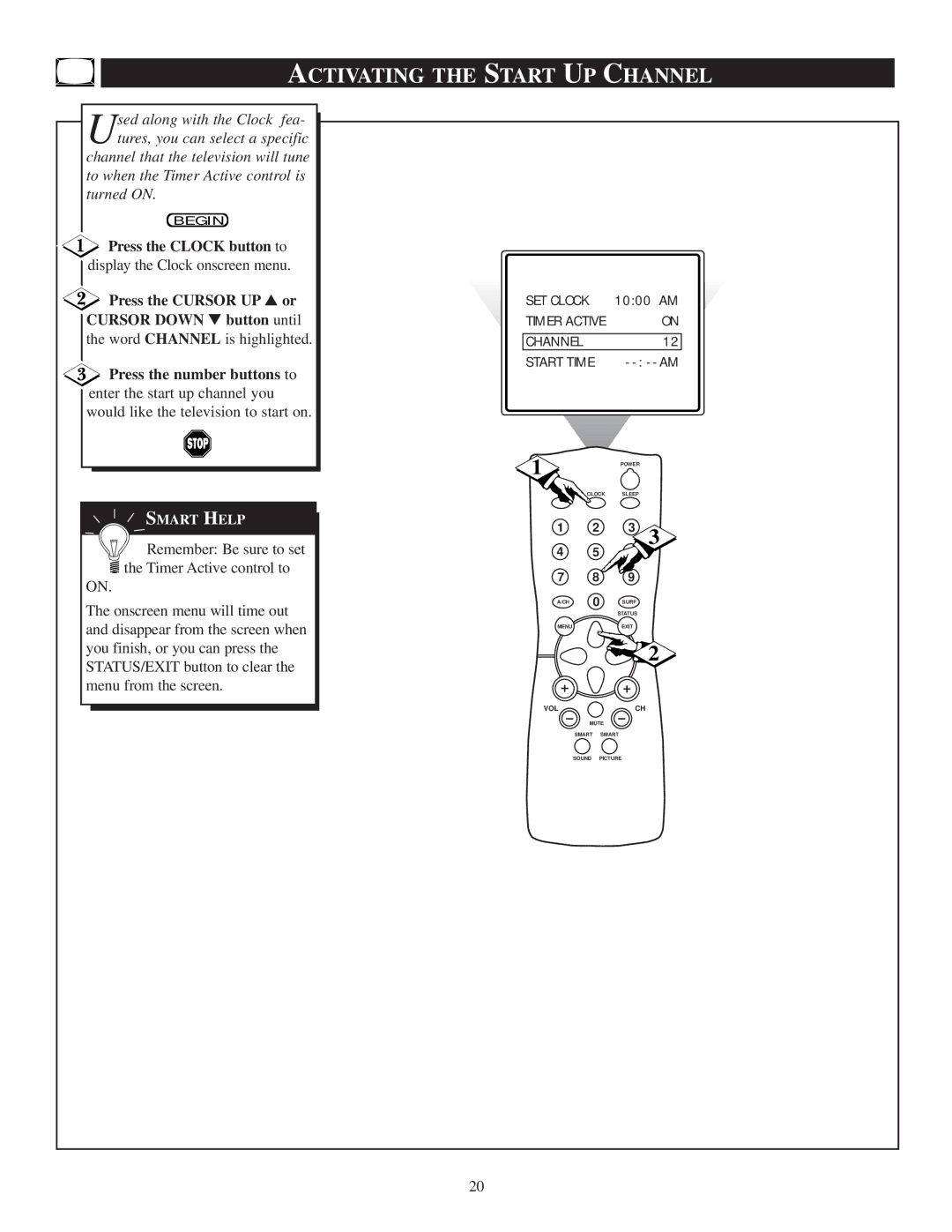 Philips 13PR19C1 manual Activating the Start UP Channel, Press the Clock button to 