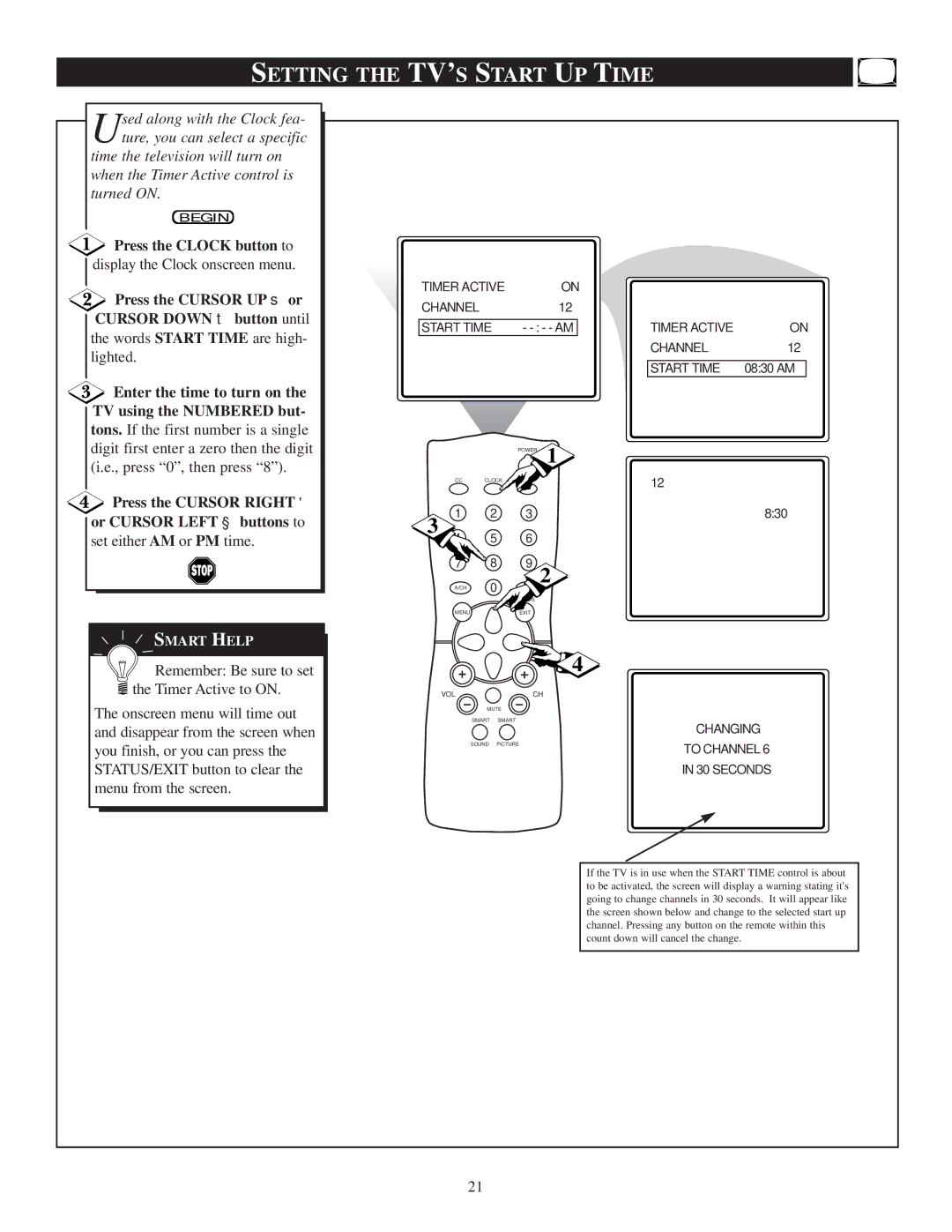 Philips 13PR19C1 manual Setting the TV’S Start UP Time, To Channel 