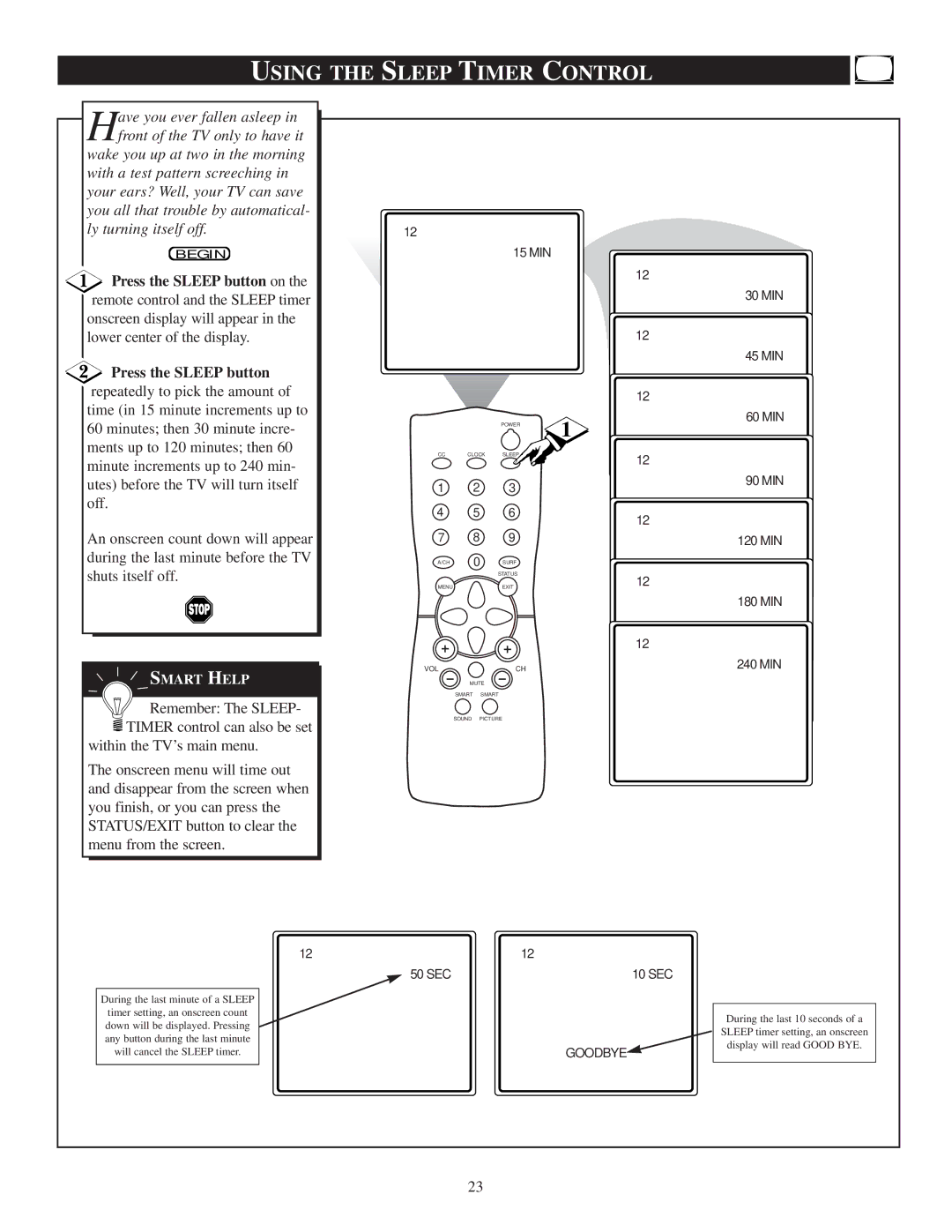 Philips 13PR19C1 manual Using the Sleep Timer Control, 240 MIN 