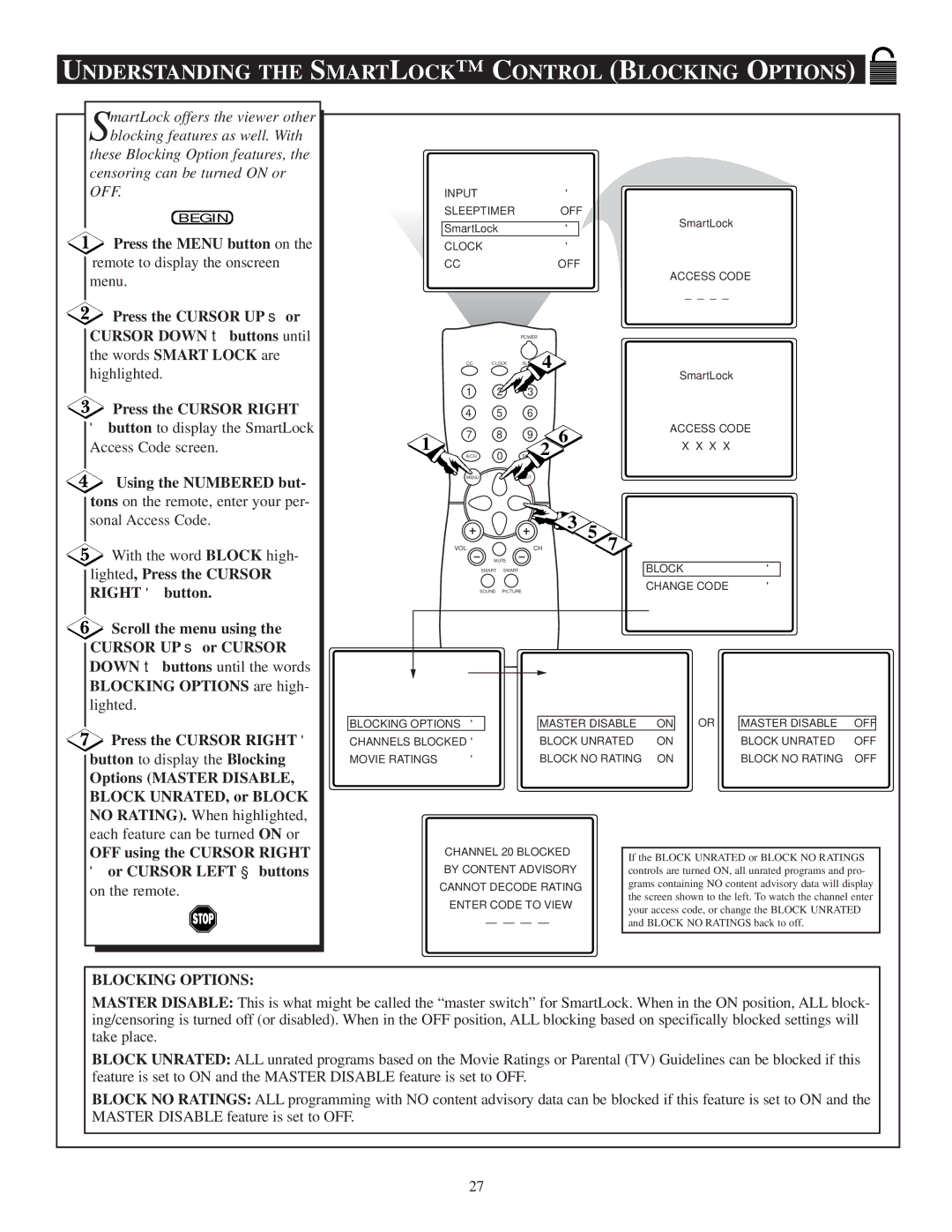 Philips 13PR19C1 manual Understanding the Smartlock C Ontrol Blocking Options, Using the Numbered but 