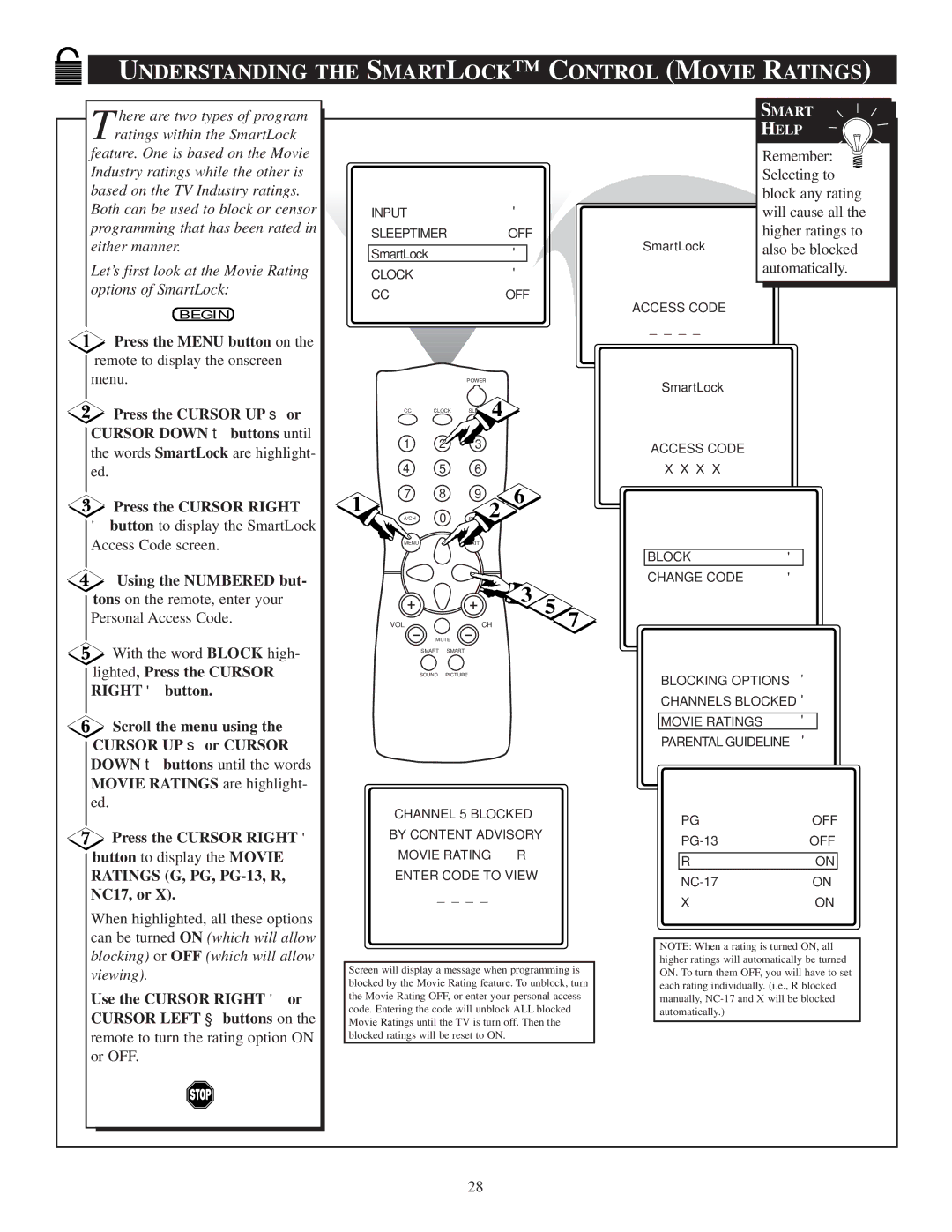 Philips 13PR19C1 manual Understanding the Smartlock C Ontrol Movie Ratings, Use the Cursor Right or Cursor Left buttons on 
