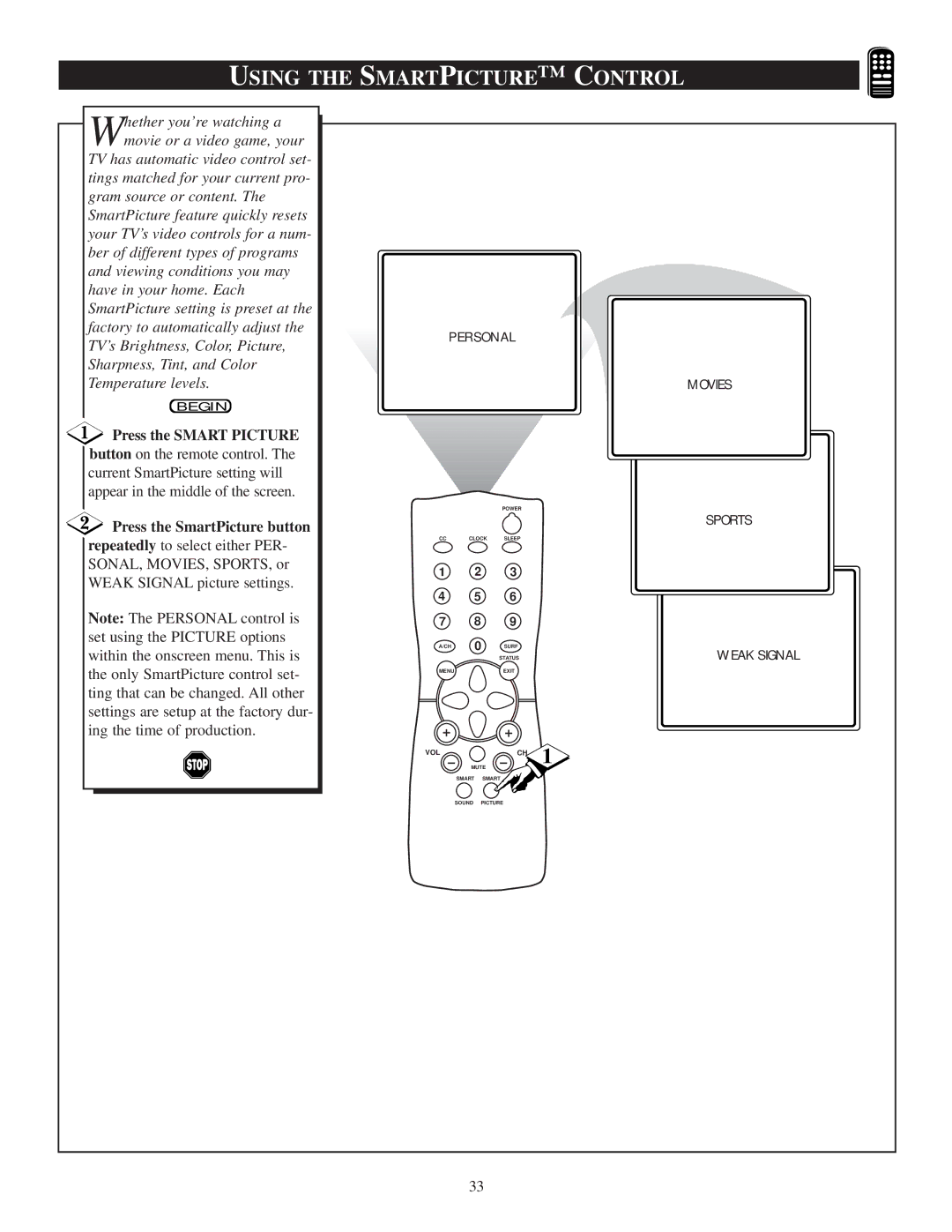 Philips 13PR19C1 manual Using the Smart Picture C Ontrol 