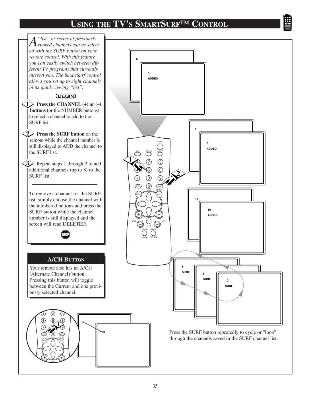 Philips 13PR19C1 manual Using the TV’S Smartsurf C Ontrol, Press the Channel + or 