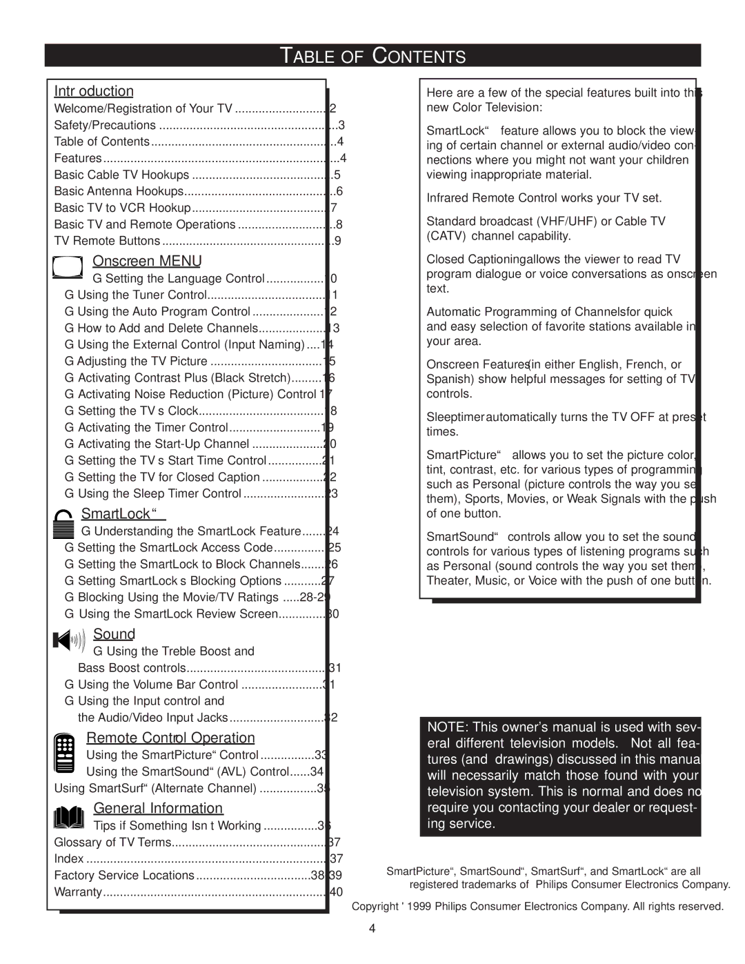 Philips 13PR19C1 manual Table of Contents 