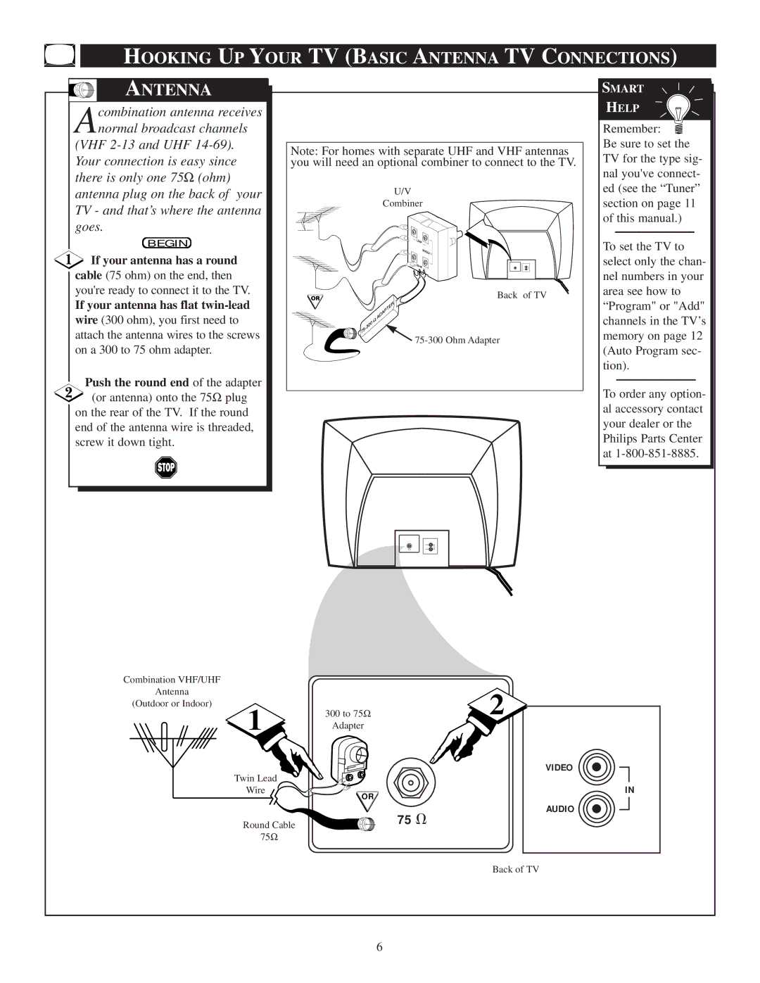 Philips 13PR19C1 manual Hooking UP Your TV Basic Antenna TV Connections, If your antenna has a round 