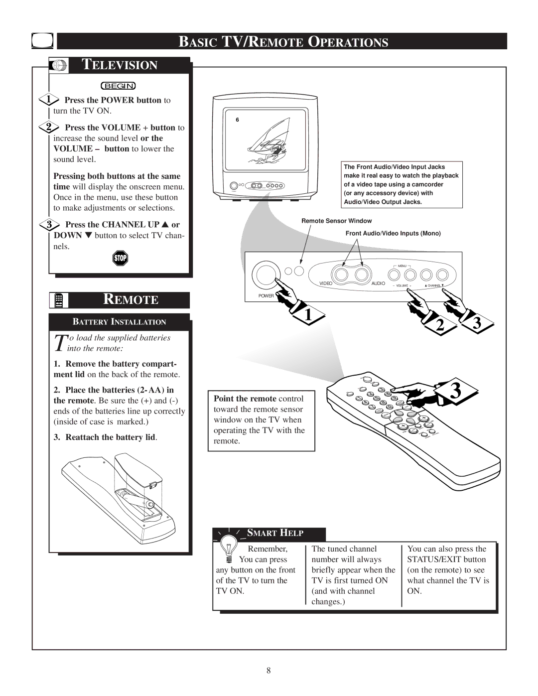 Philips 13PR19C1 manual Basic TV/REMOTE Operations Television, Remote 