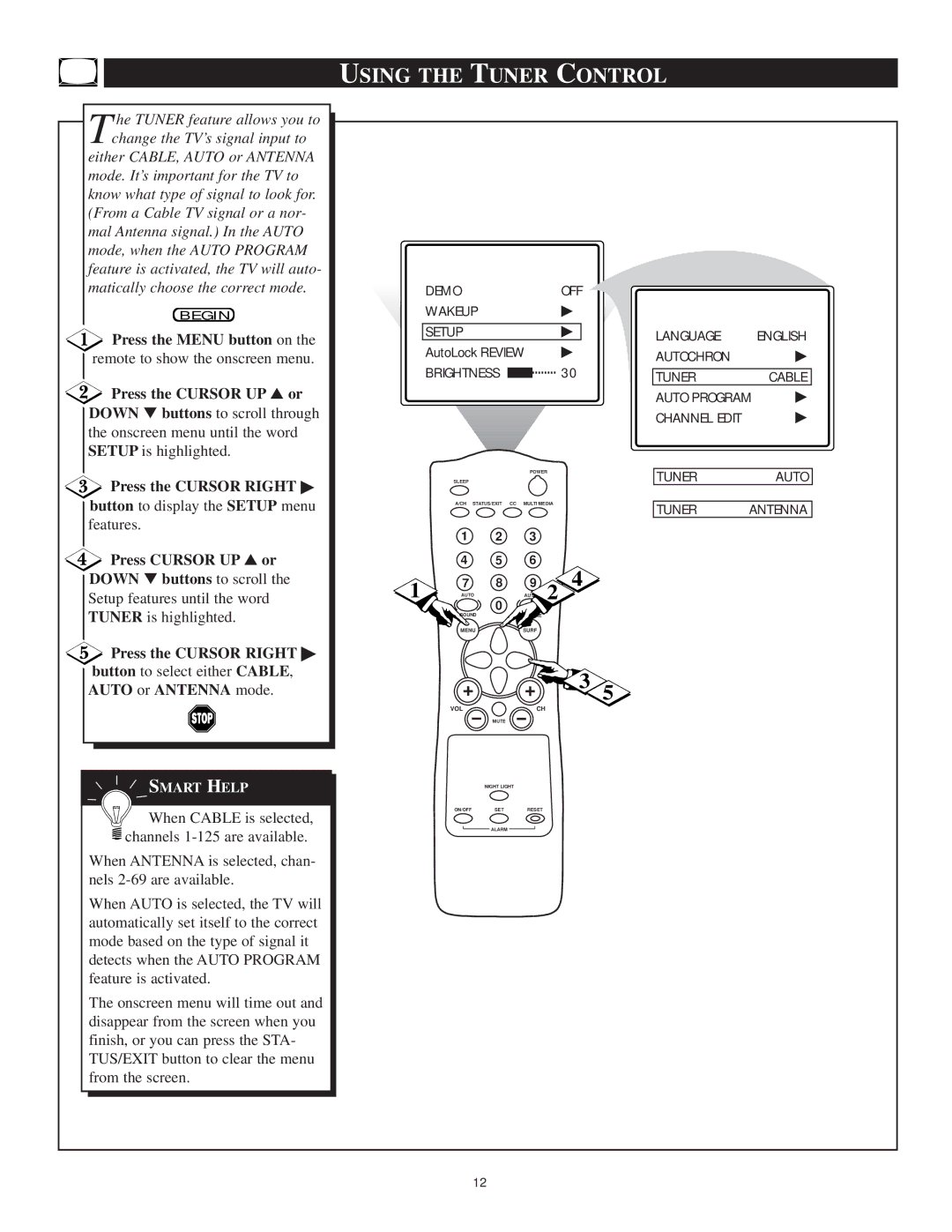 Philips 13PT30L manual Using the Tuner Control, Setup features until the word Tuner is highlighted 