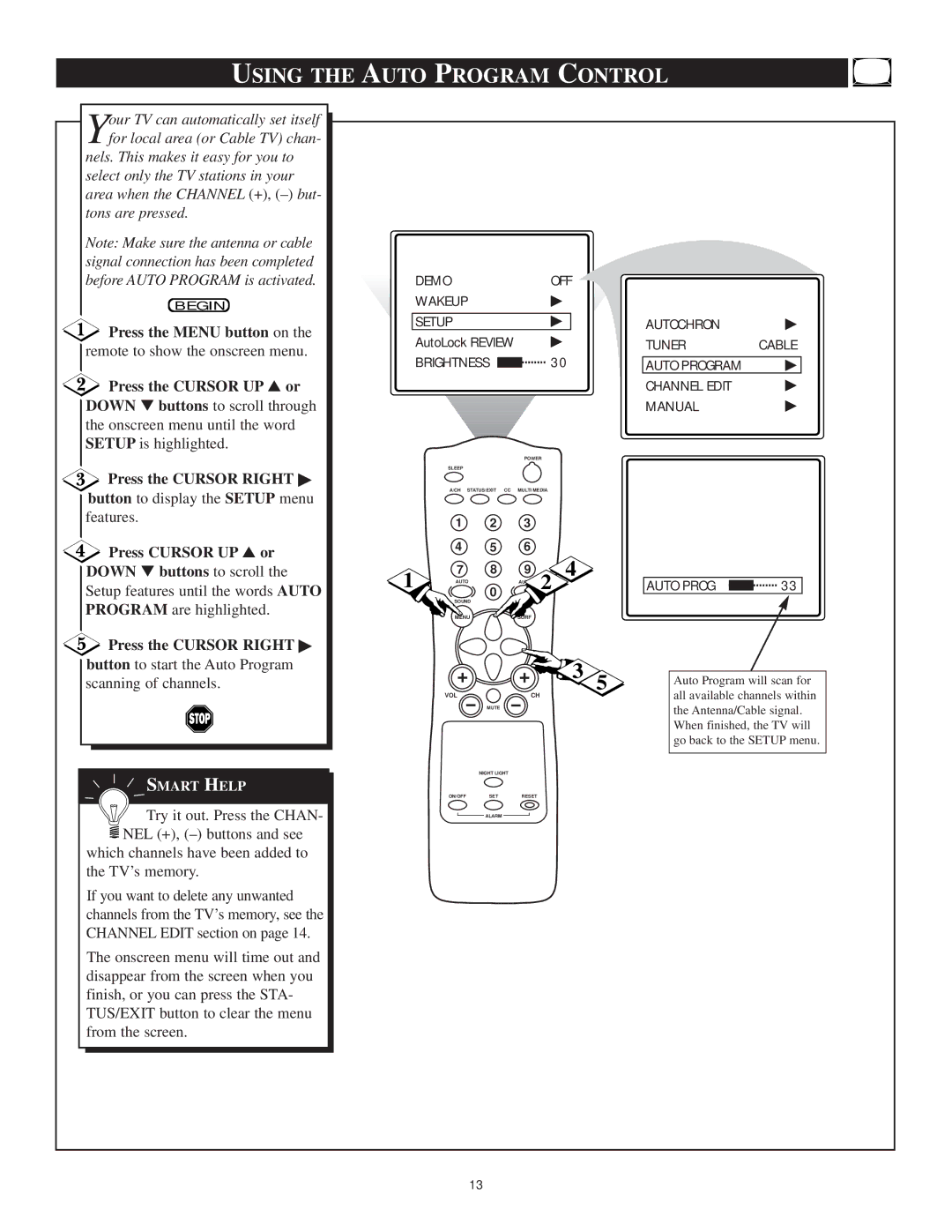 Philips 13PT30L manual Using the Auto Program Control, Onscreen menu until the word Setup is highlighted 