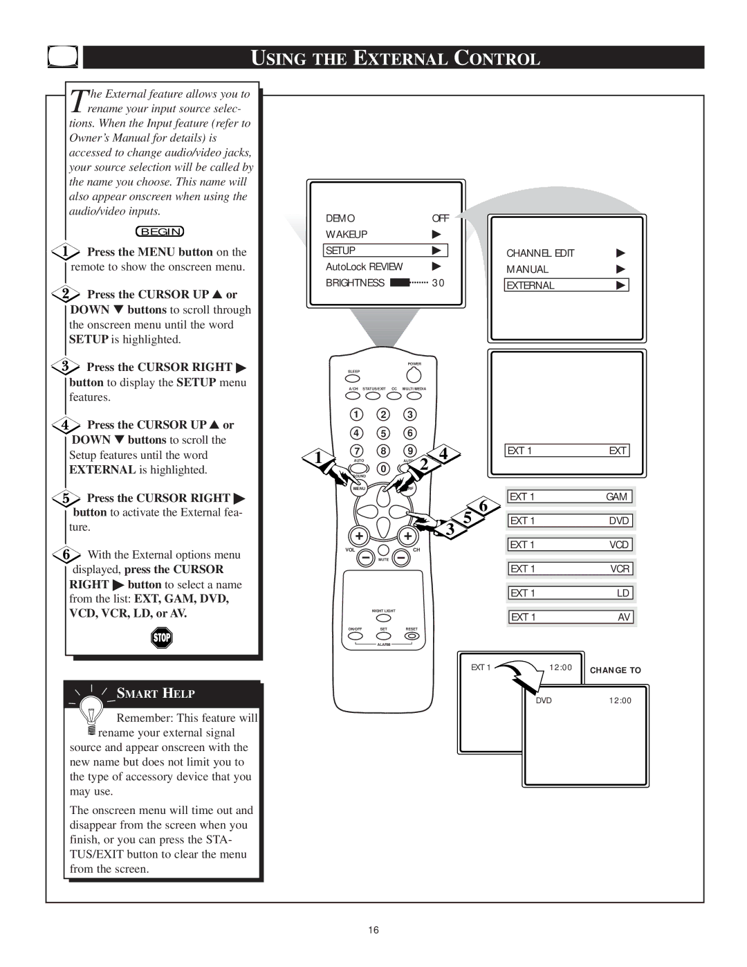 Philips 13PT30L Using the External Control, Setup features until the word External is highlighted, VCD, VCR, LD, or AV 