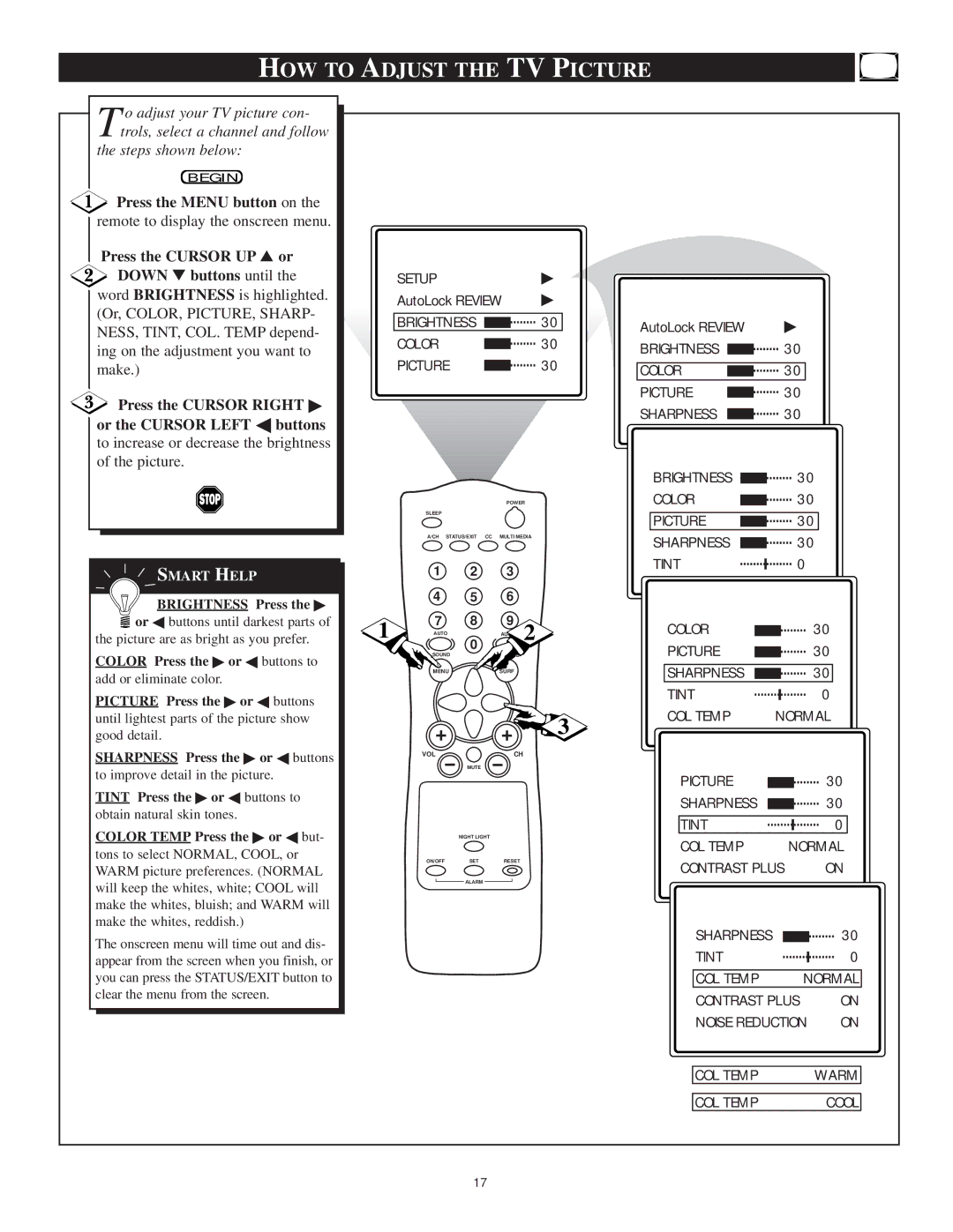 Philips 13PT30L manual HOW to Adjust the TV Picture, Press the Menu button on, Press the Cursor UP or Down buttons until 