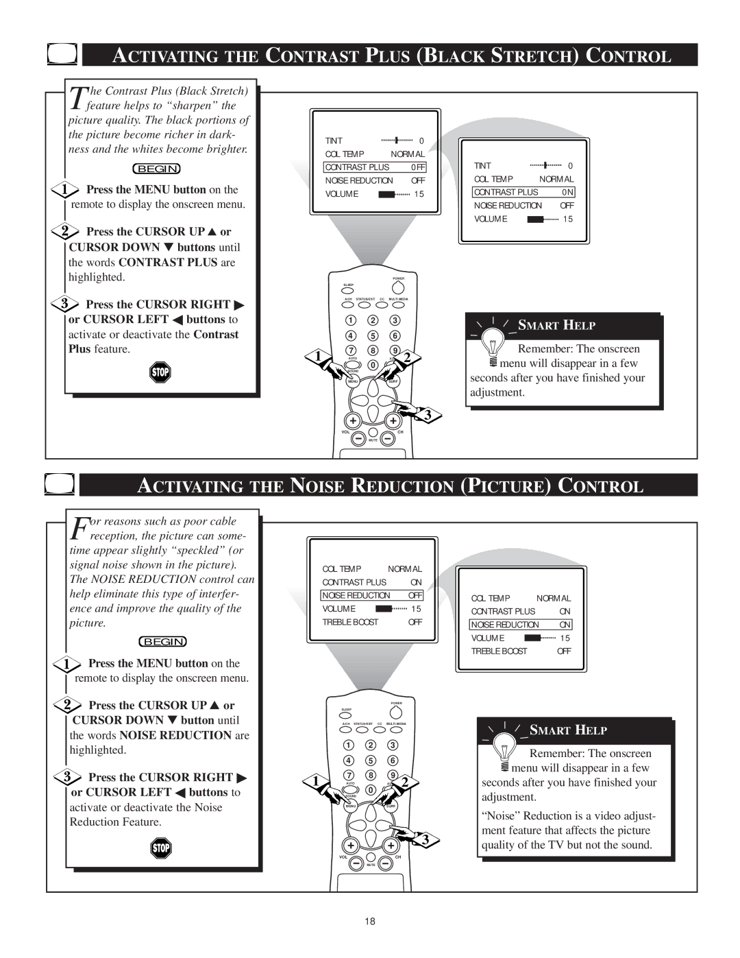 Philips 13PT30L manual Activating the Contrast Plus Black Stretch Control, Activating the Noise Reduction Picture Control 
