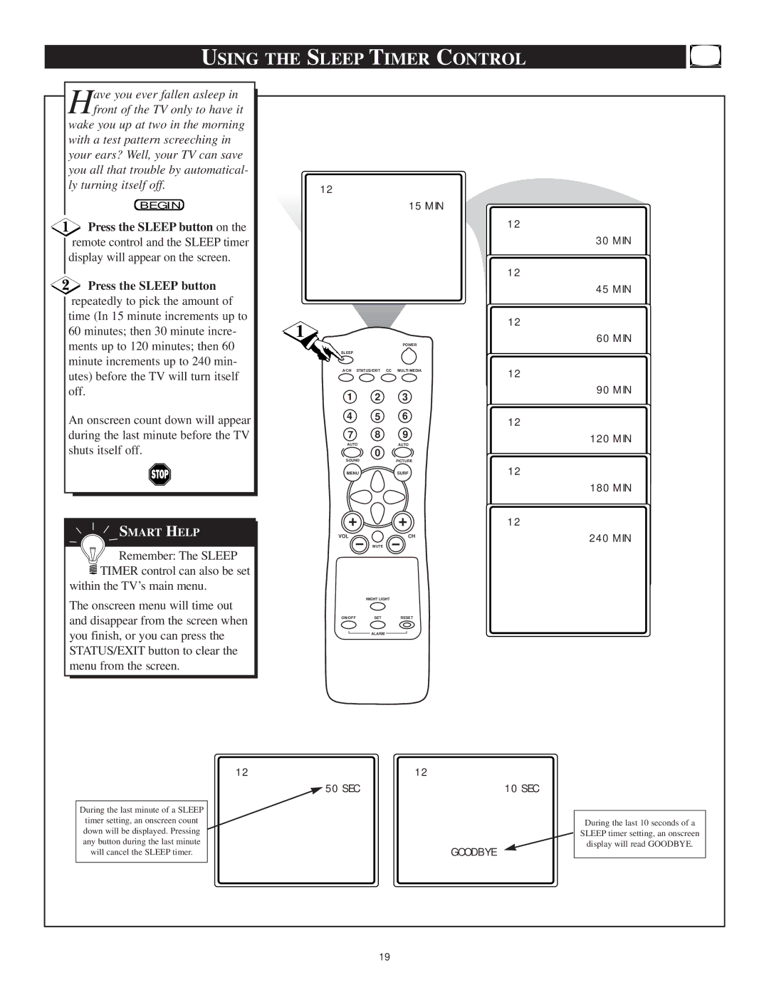 Philips 13PT30L manual Using the Sleep Timer Control 