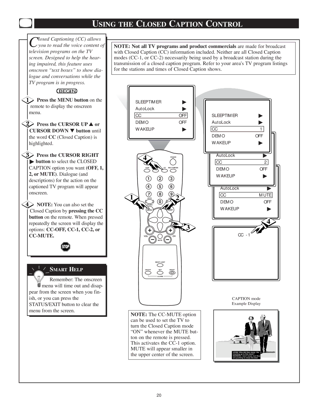 Philips 13PT30L manual Using the Closed Caption Control, Press the Cursor UP or Cursor Down button until 