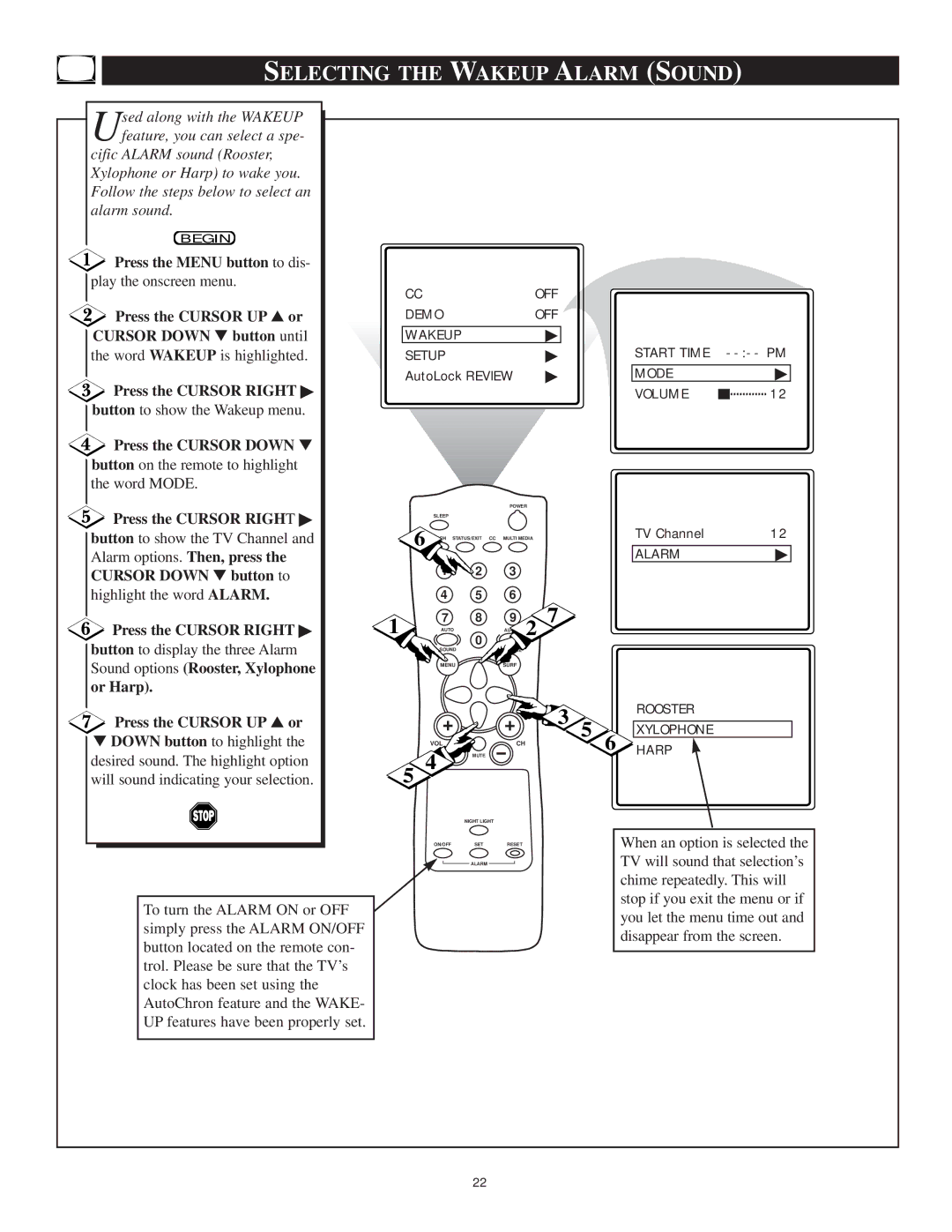 Philips 13PT30L manual Selecting the Wakeup Alarm Sound 