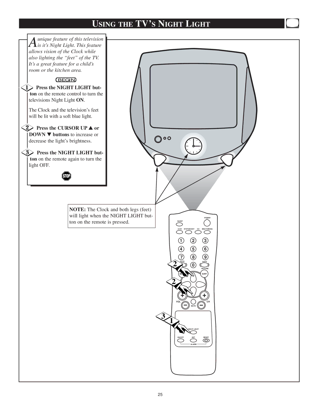 Philips 13PT30L manual Using the TV’S Night Light, Press the Night Light but, Will light when the Night Light but 