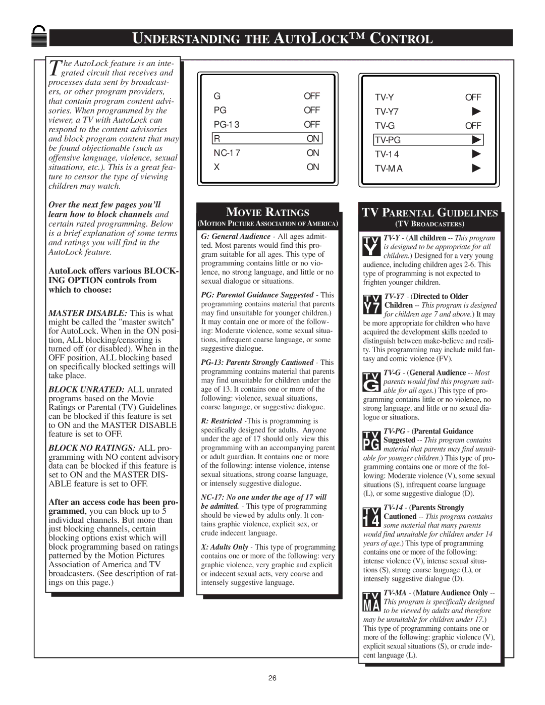 Philips 13PT30L manual Understanding the Autolock C Ontrol, Movie Ratings 