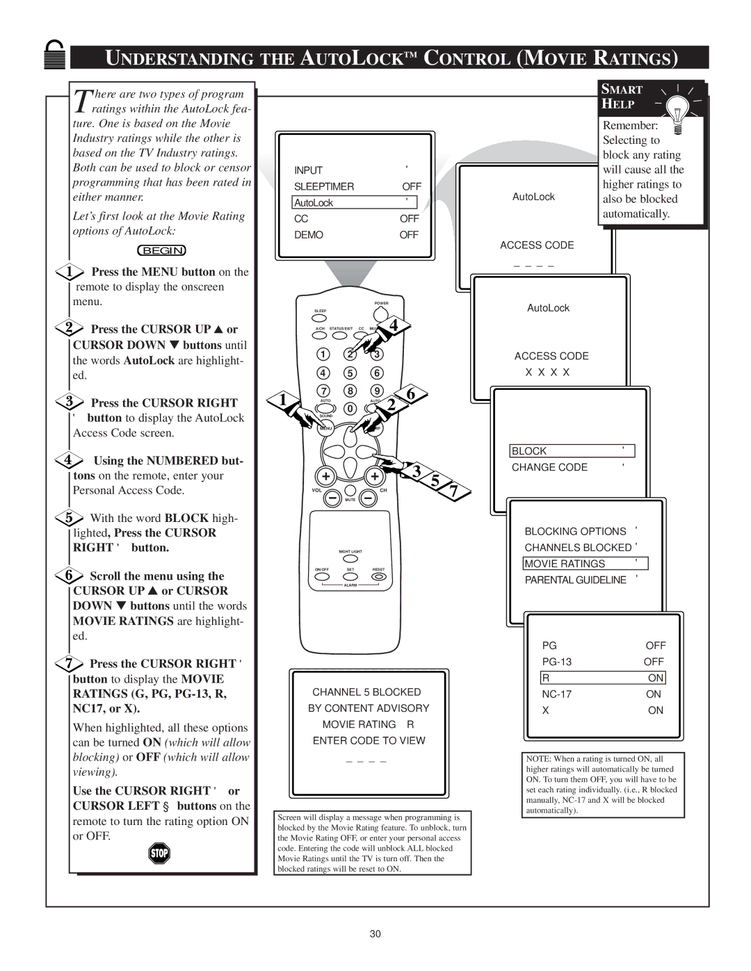 Philips 13PT30L manual Understanding the Autolocktm Control Movie Ratings, Use the Cursor Right or Cursor Left buttons on 