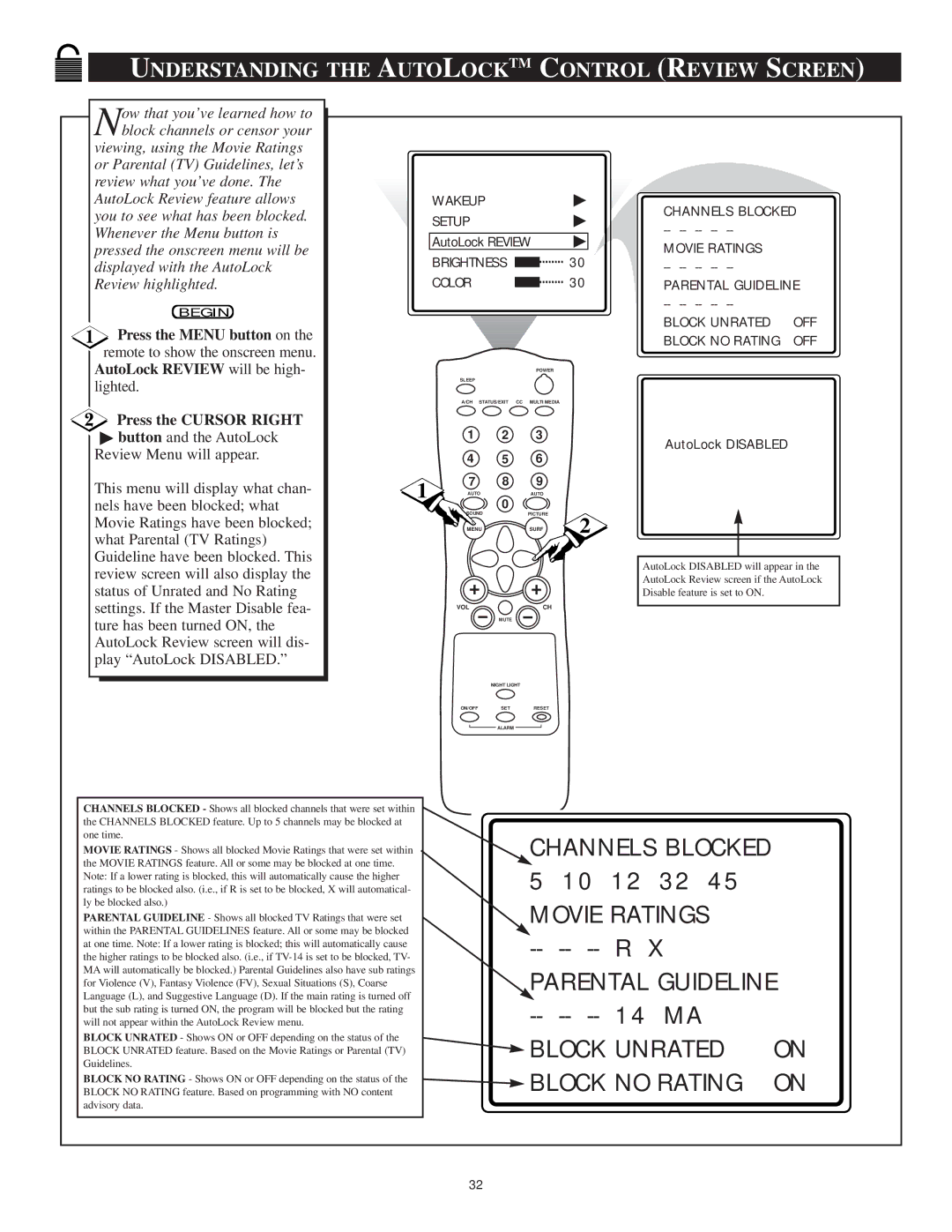 Philips 13PT30L manual Understanding the Autolocktm Control Review Screen, AutoLock Review will be high 