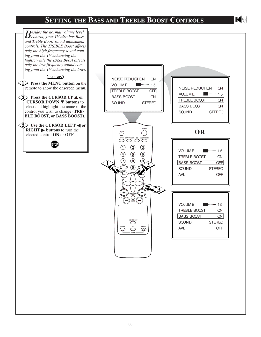 Philips 13PT30L manual Setting the Bass and Treble Boost Controls, Bass Boost Sound Stereo 