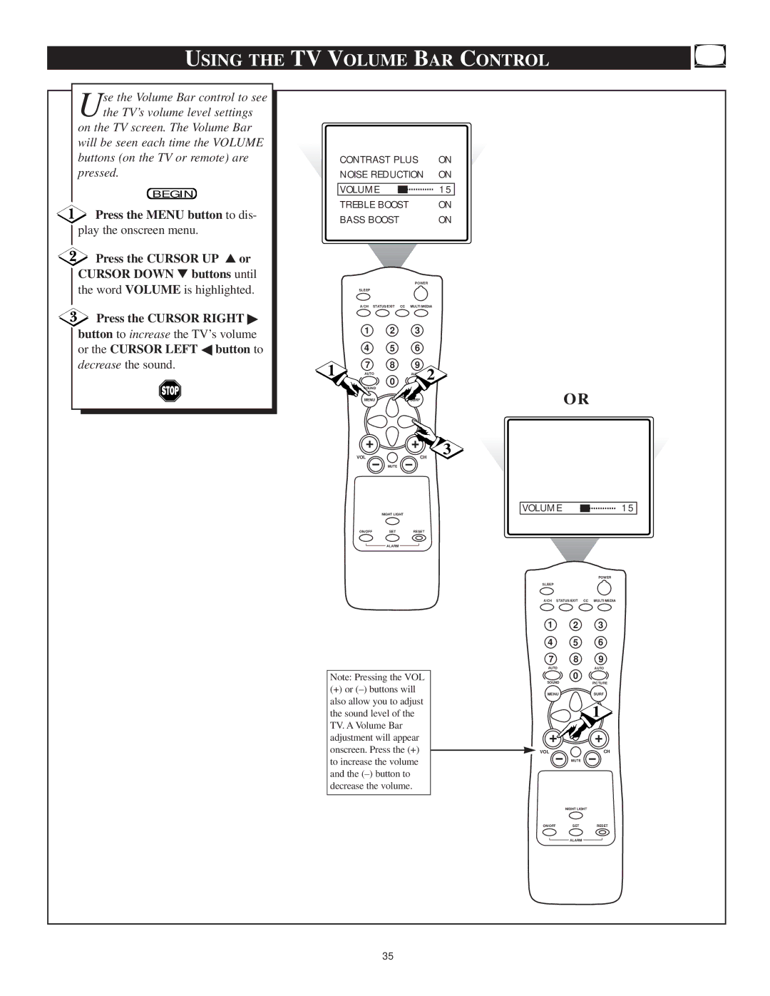 Philips 13PT30L manual Using the TV Volume BAR Control, Decrease the sound 