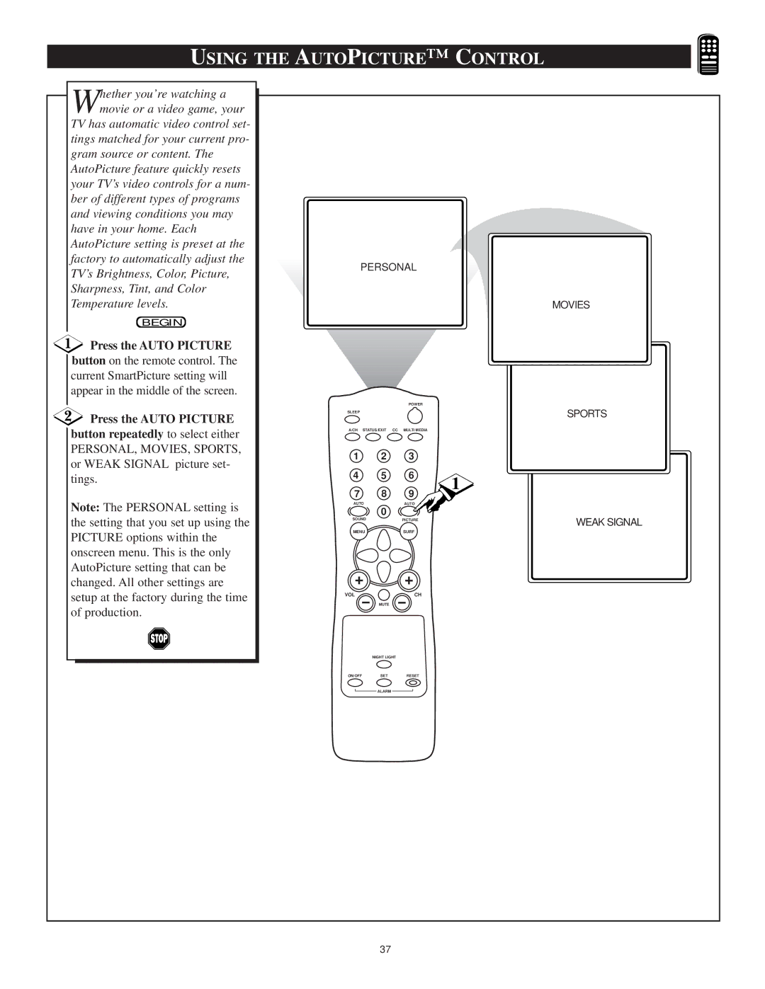 Philips 13PT30L manual Using the Auto Picture C Ontrol 