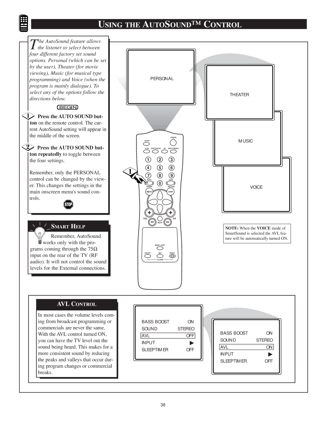 Philips 13PT30L manual Using the Autosound C Ontrol, Press the Auto Sound but, Main onscreen menus sound con- trols 