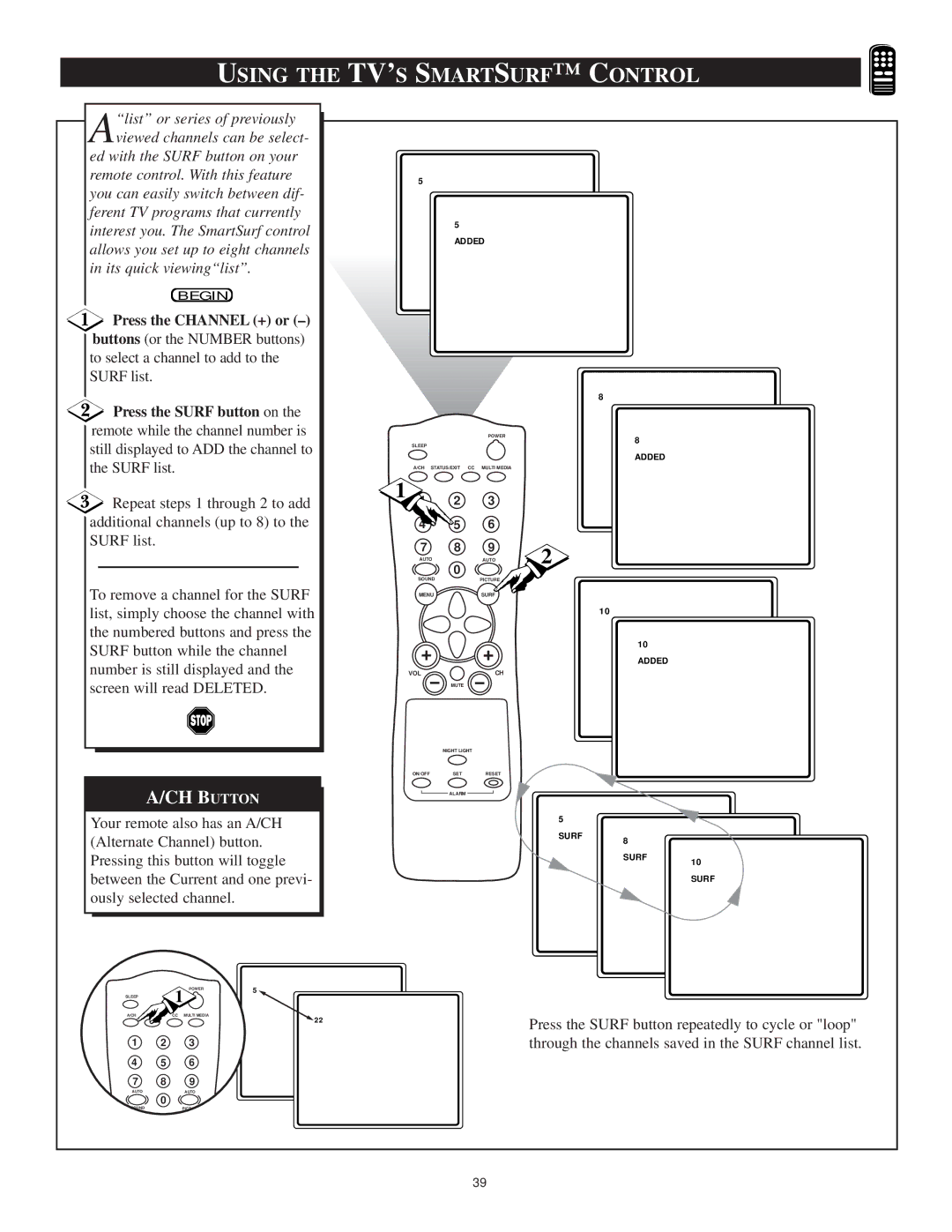 Philips 13PT30L manual Using the TV’S Smartsurf C Ontrol, Press the Channel + or 