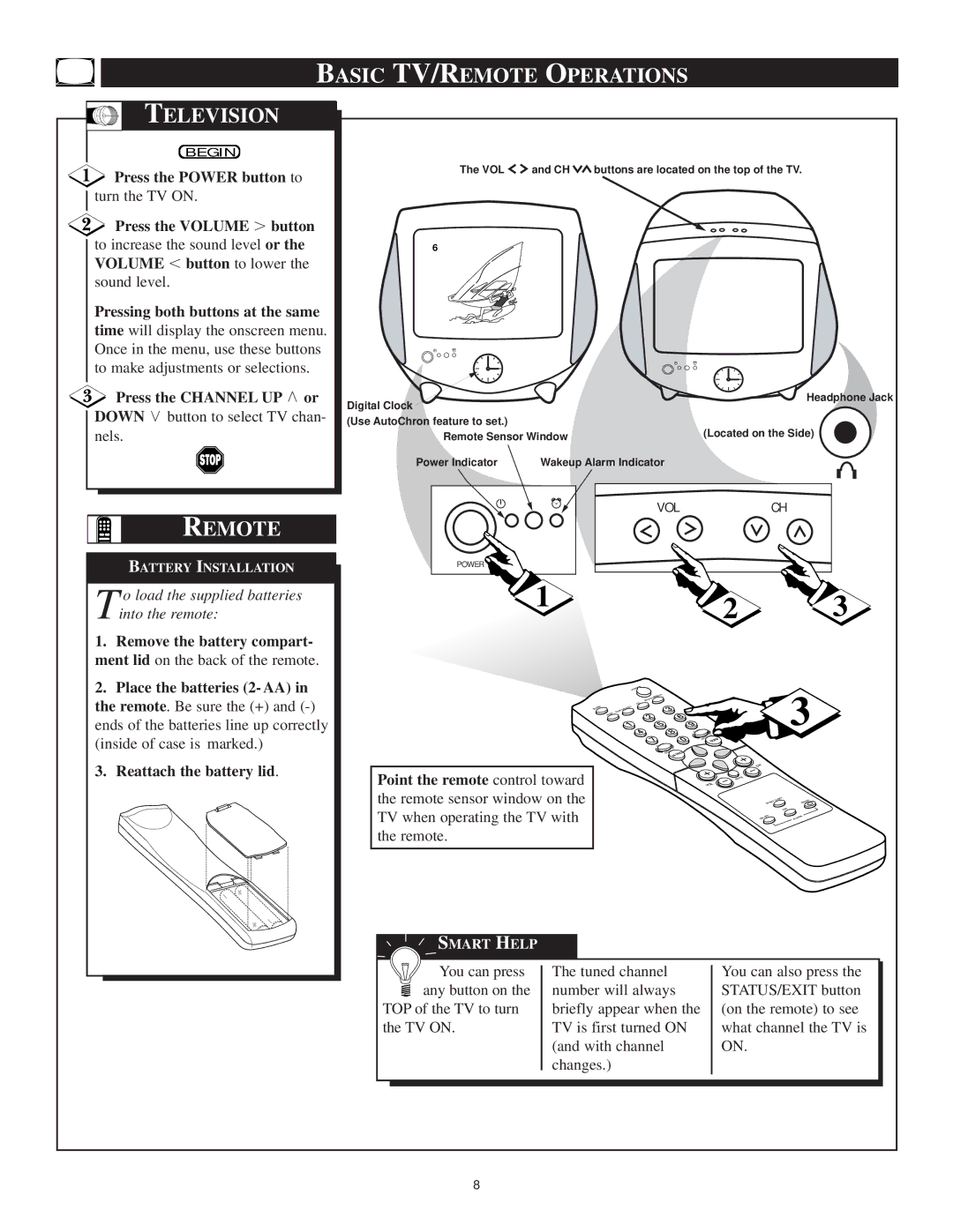 Philips 13PT30L manual Remote, Press the Power button to, Turn the TV on, Pressing both buttons at the same 