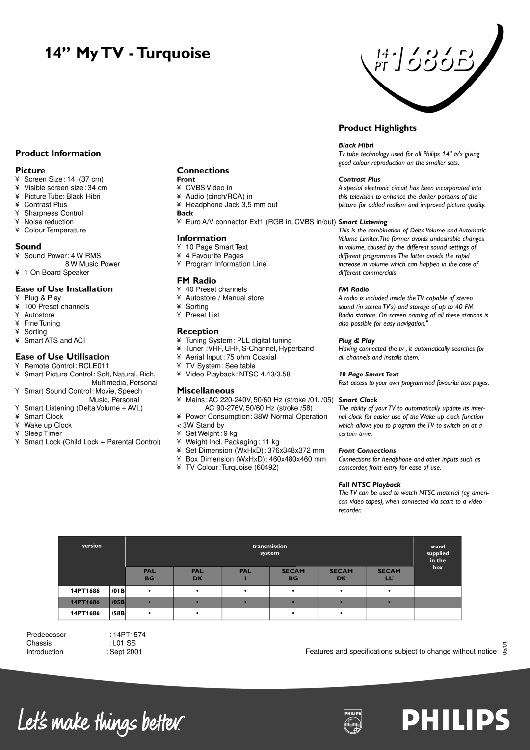 Philips 14 PT 1686B Product Highlights Product Information, Picture, Sound, Connections, Ease of Use Installation FM Radio 