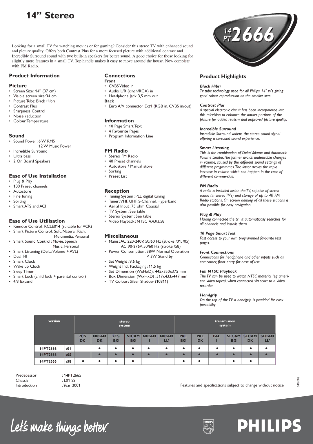 Philips 14 PT 2666 Product Information Connections Product Highlights, Picture, Sound, Ease of Use Installation, FM Radio 