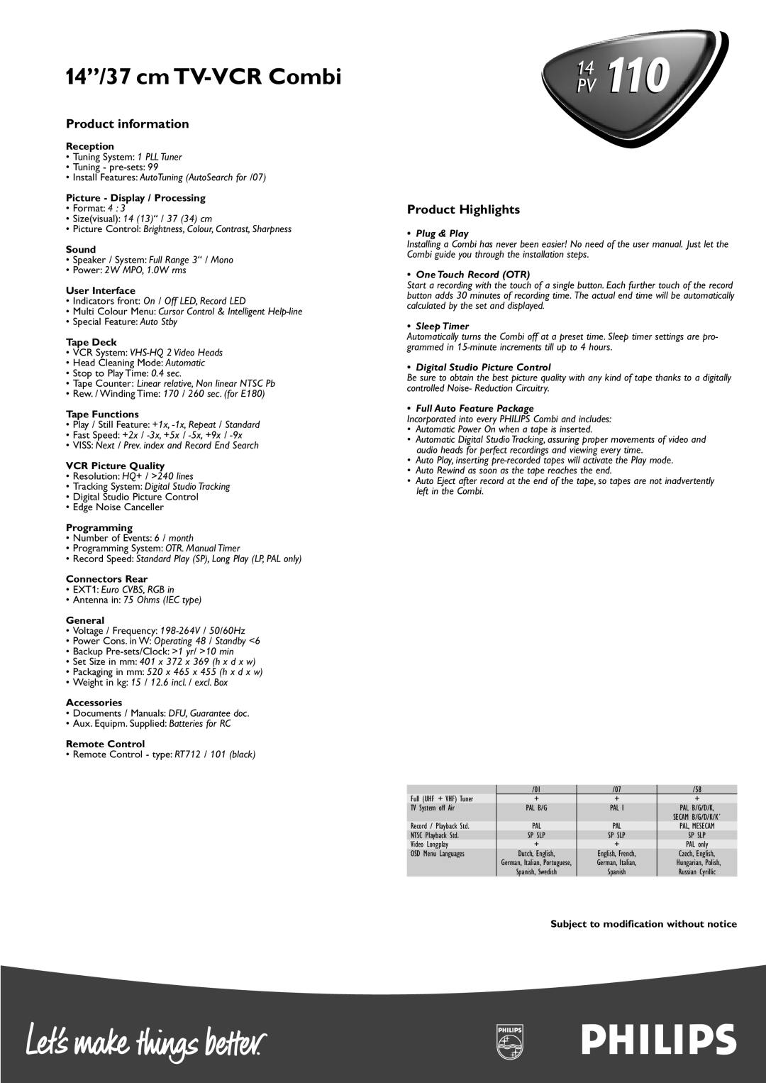 Philips 14 PV 110 manual Product information, Product Highlights 