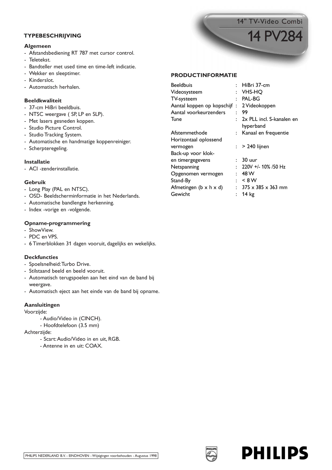 Philips 14 PV284 manual Typebeschrijving, Productinformatie 