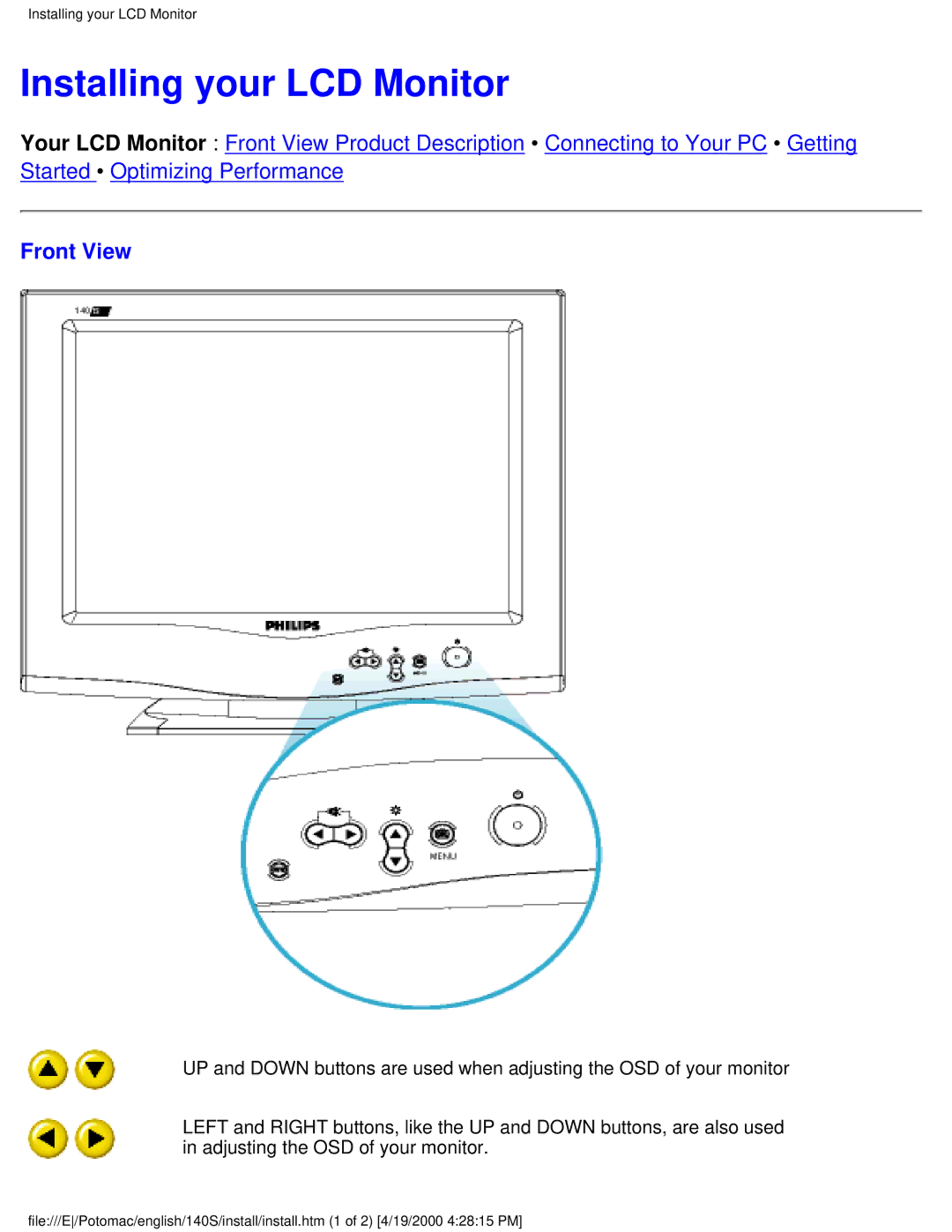 Philips 140S user manual Installing your LCD Monitor, Front View 