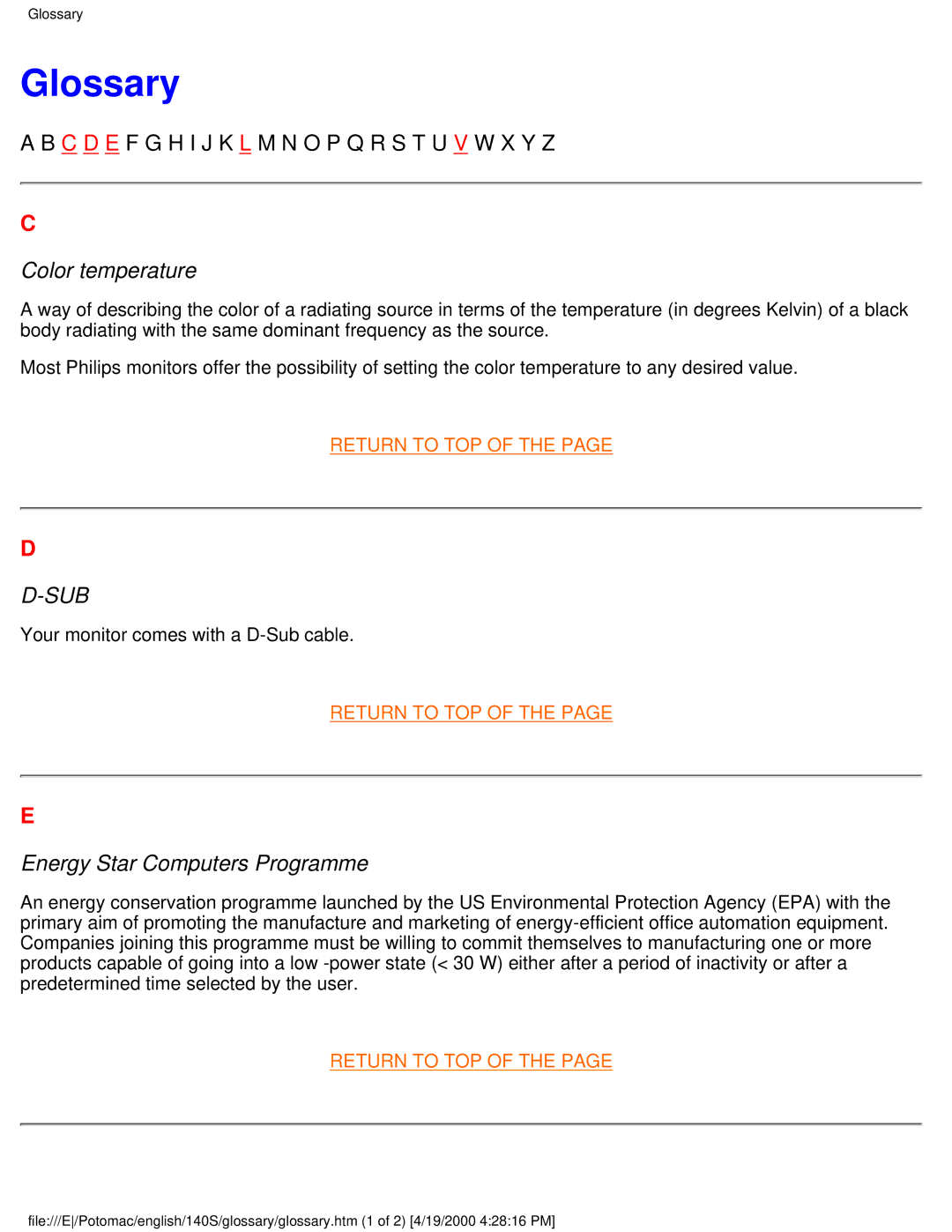 Philips 140S user manual Glossary, Color temperature 