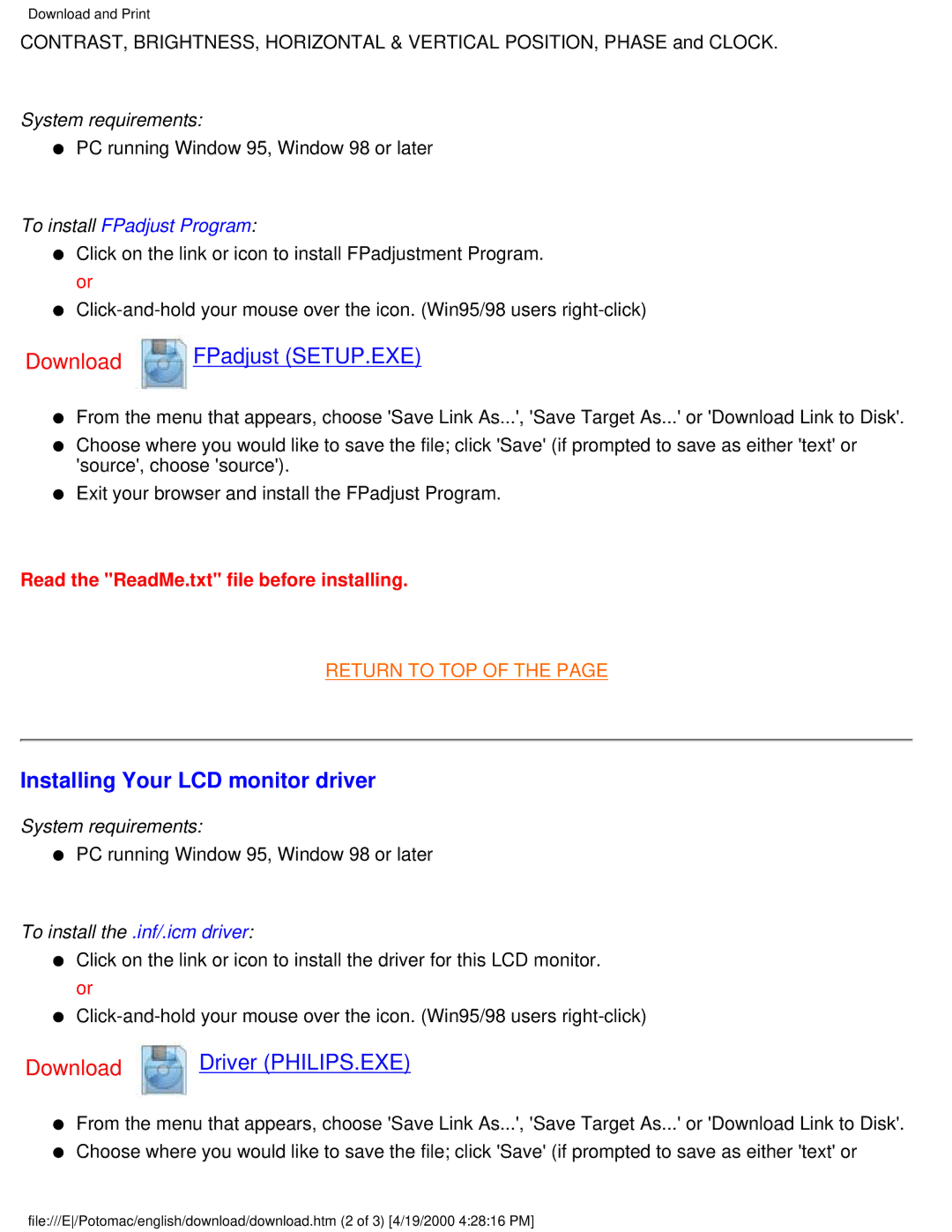 Philips 140S user manual Installing Your LCD monitor driver, To install FPadjust Program 