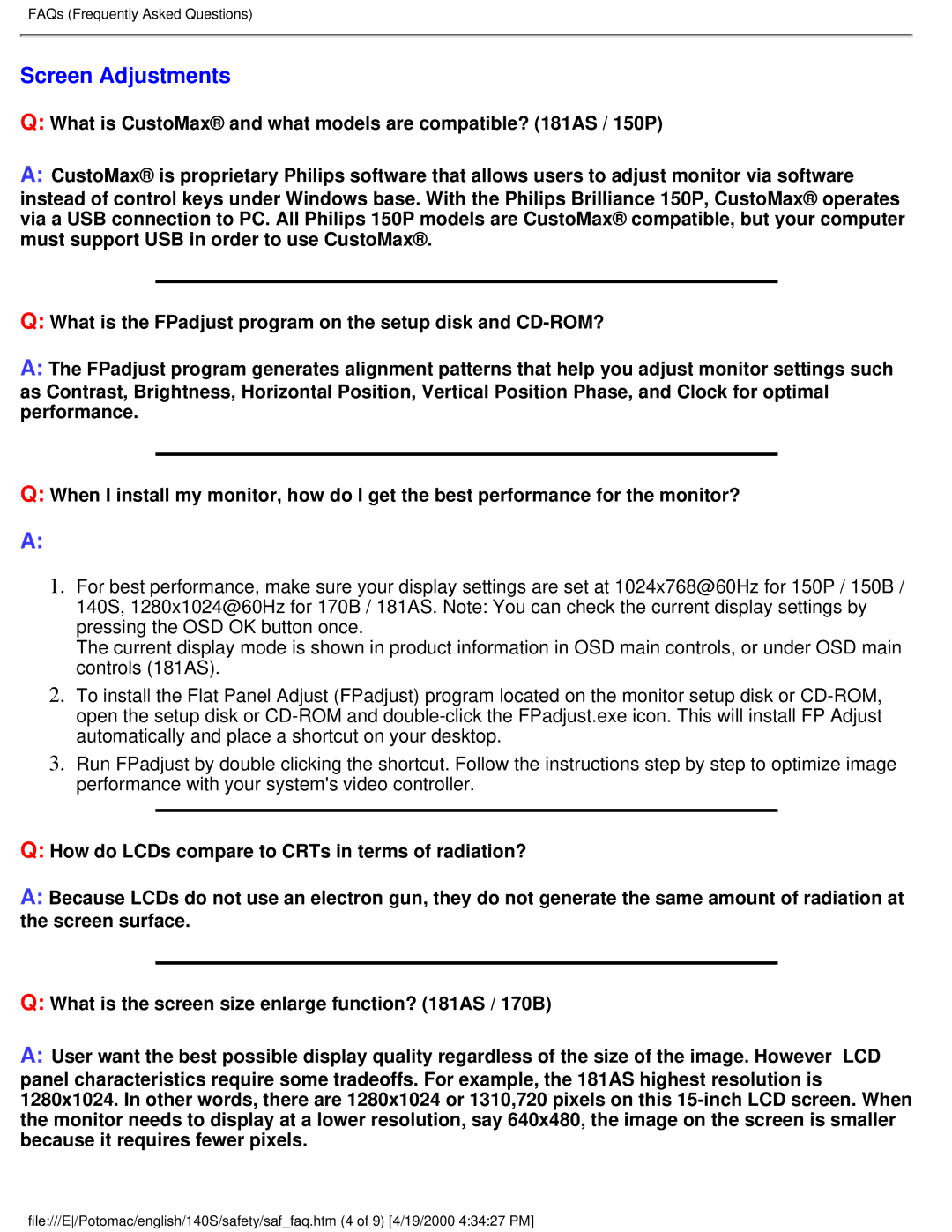 Philips 140S user manual Screen Adjustments 